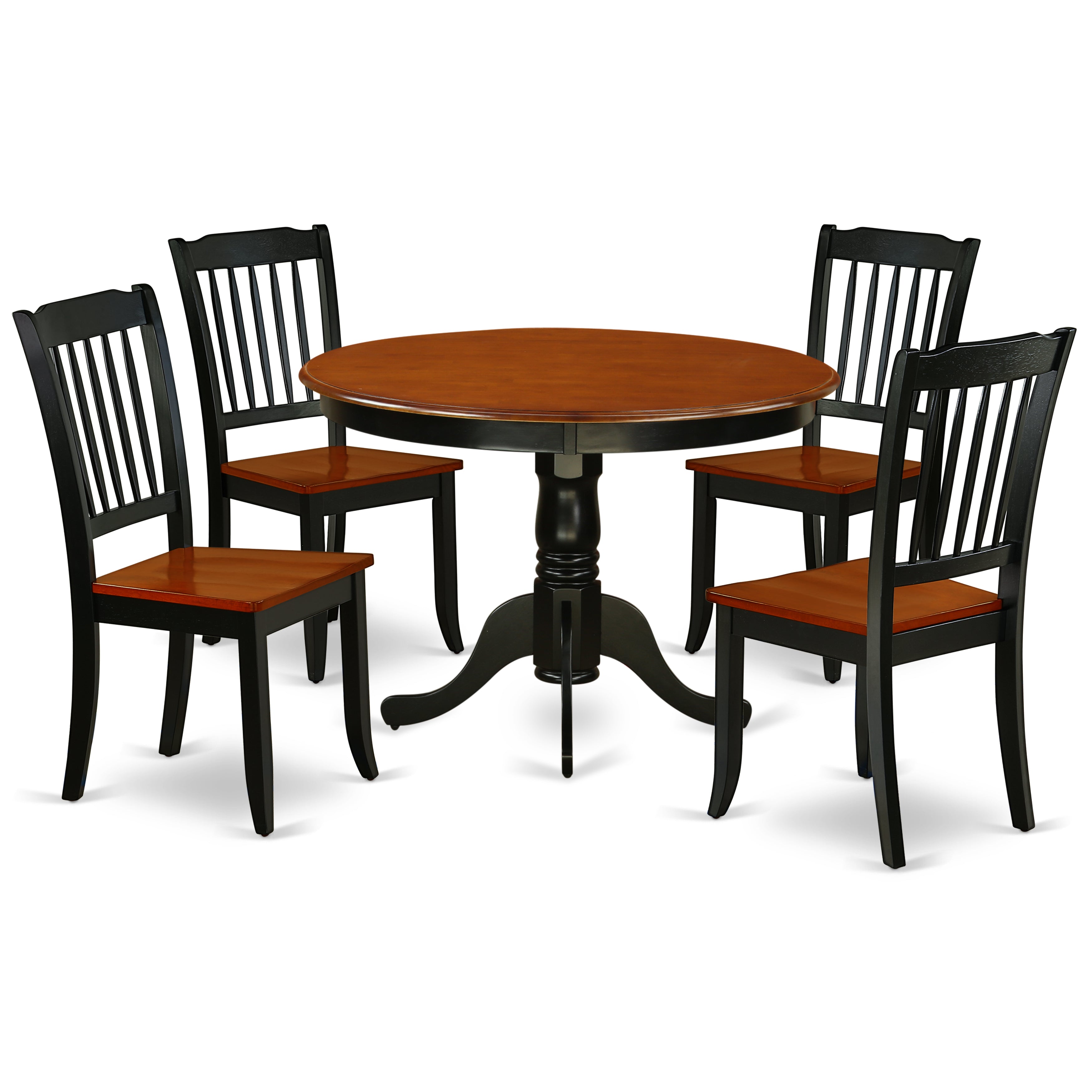 Juego de mesa y sillas de cocina de 5 piezas HLDA5-BCH-W de East West Furniture. Incluye una mesa de comedor redonda con pedestal y 4 sillas de comedor.