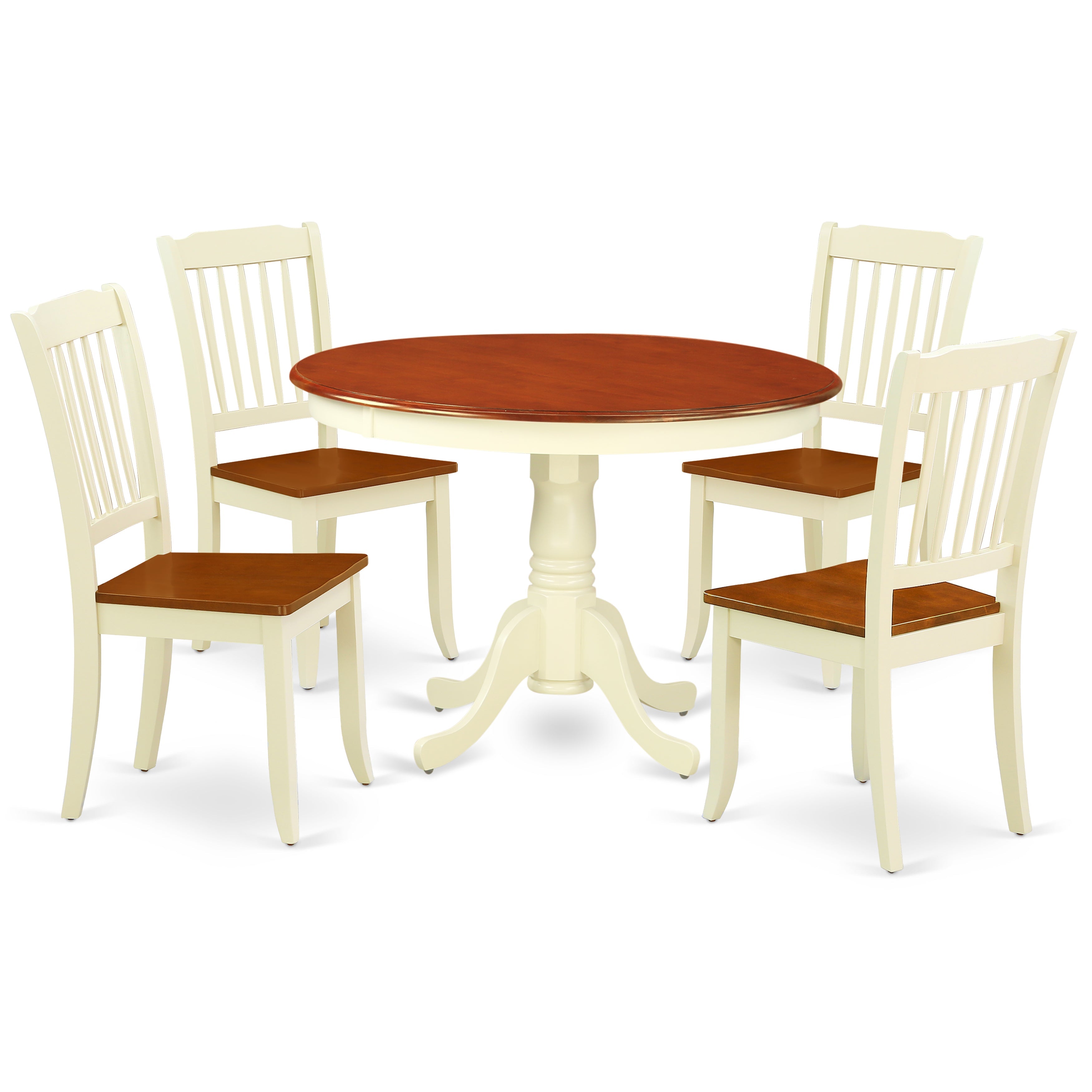 Juego de mesa de comedor moderna de 5 piezas East West Furniture HLDA5-BMK-W. Incluye una mesa redonda de madera con pedestal y 4 sillas de comedor.