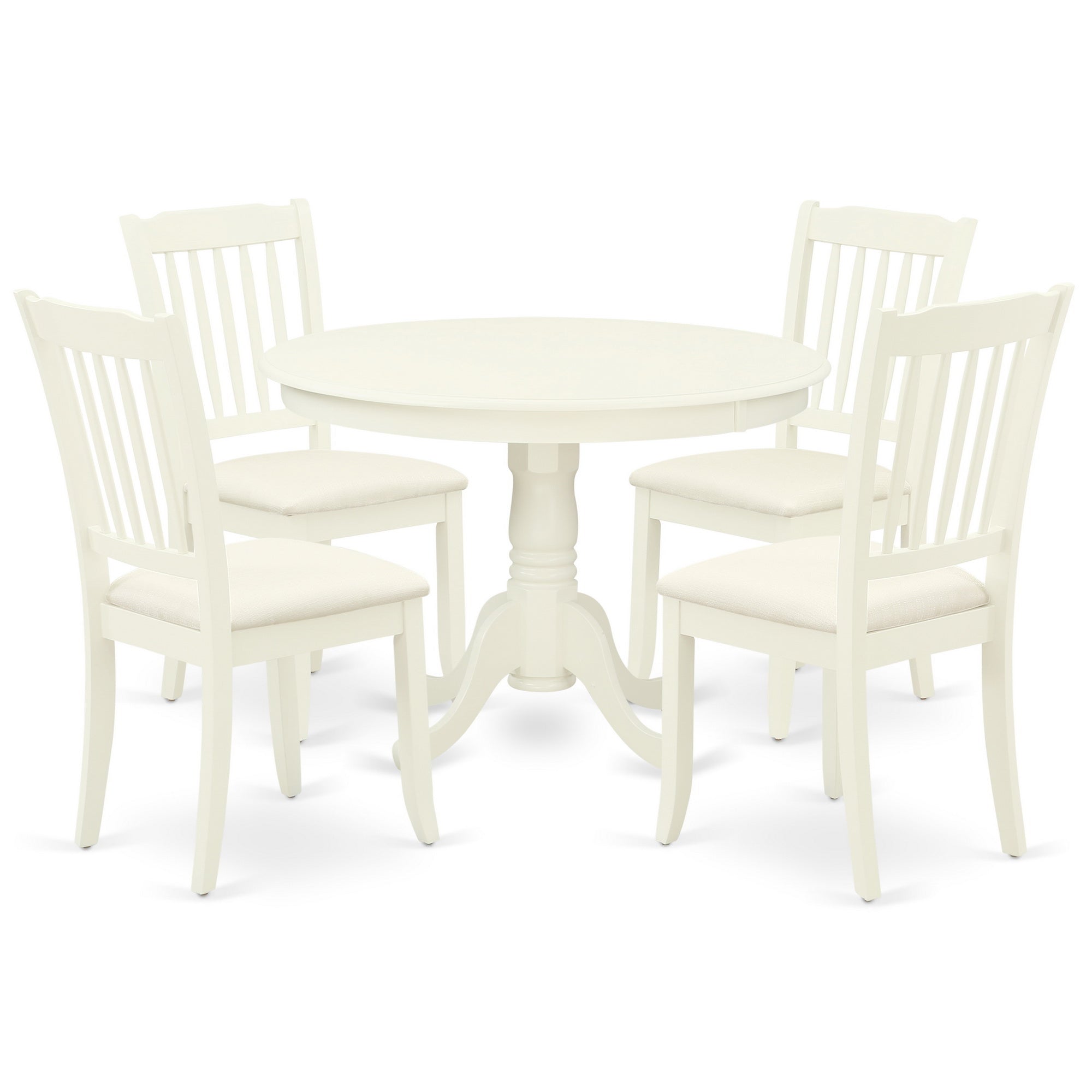 Juego de mesa de comedor de 5 piezas East West Furniture HLDA5-LWH-C. Incluye una mesa de cocina redonda con pedestal y 4 sillas de comedor tapizadas en tela de lino.
