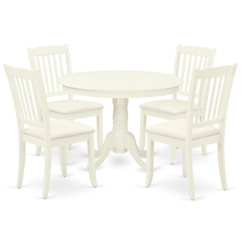 East West Furniture HLDA5-LWH-C 5 Piece Dining Room Table Set Includes a Round Kitchen Table with Pedestal and 4 Linen Fabric Upholstered Dining Chairs, 42x42 Inch, Linen White