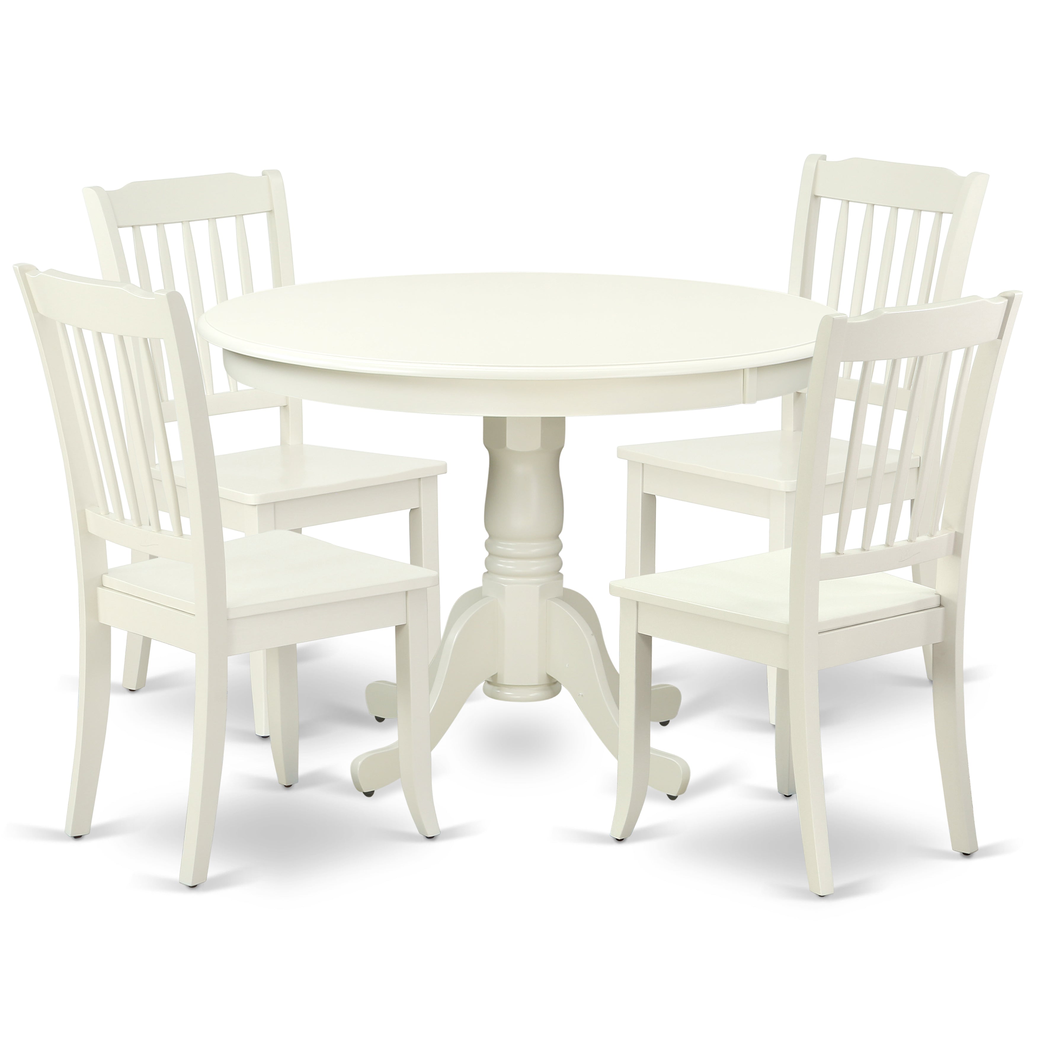 Juego de mesa de comedor de 5 piezas East West Furniture HLDA5-LWH-W. Incluye una mesa de cocina redonda con pedestal y 4 sillas de comedor.