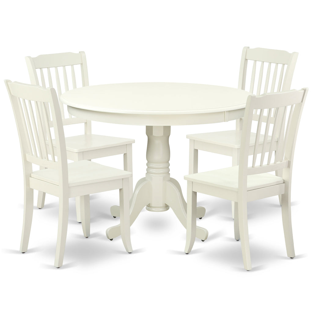East West Furniture HLDA5-LWH-W 5 Piece Dining Room Table Set Includes a Round Kitchen Table with Pedestal and 4 Dining Chairs, 42x42 Inch, Linen White