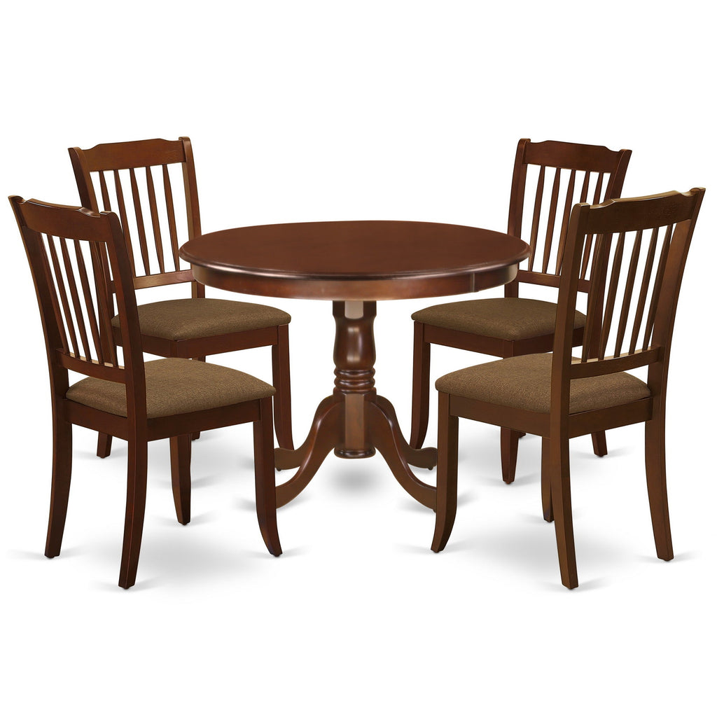East West Furniture HLDA5-MAH-C 5 Piece Kitchen Table Set for 4 Includes a Round Dining Room Table with Pedestal and 4 Linen Fabric Upholstered Dining Chairs, 42x42 Inch, Mahogany