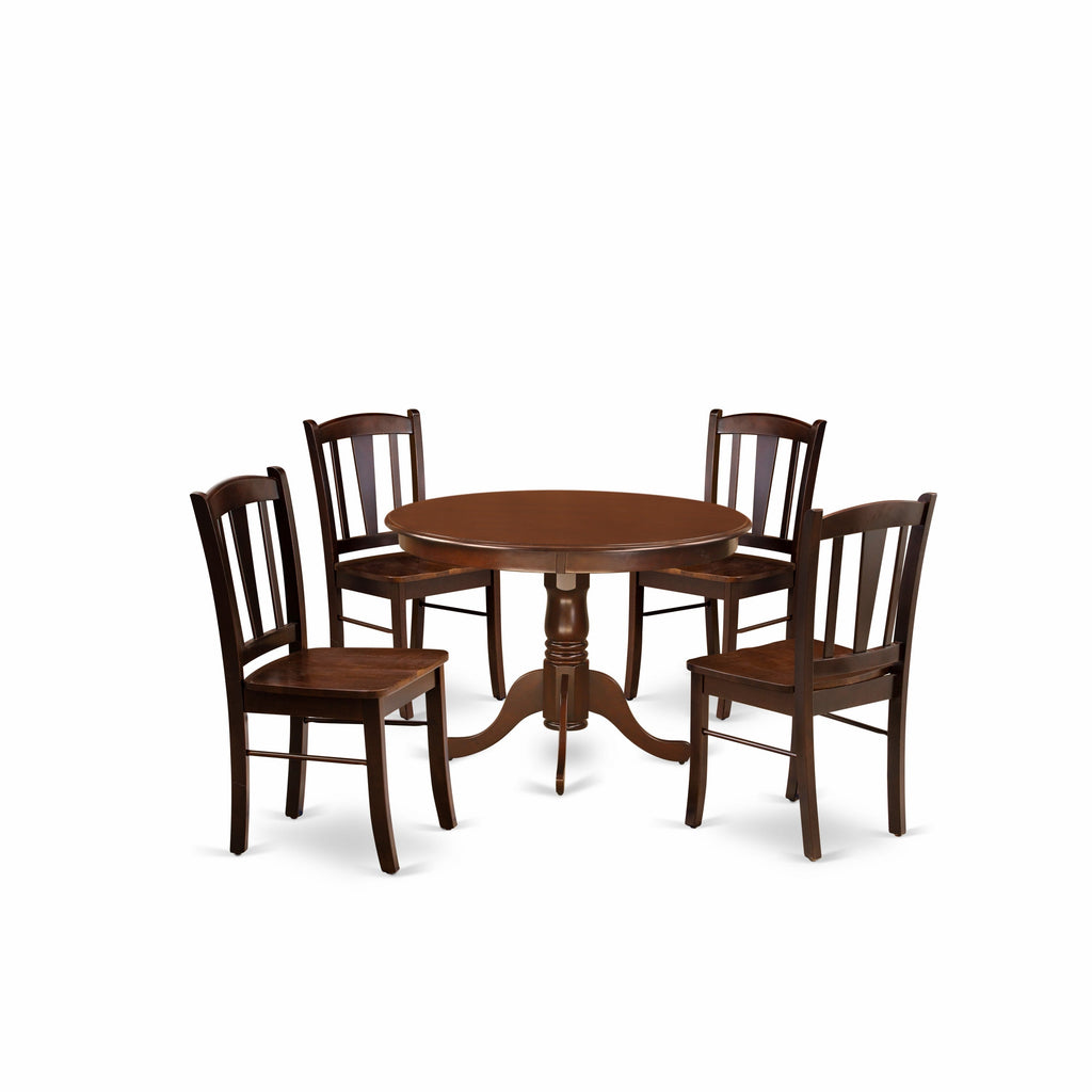 East West Furniture HLDL5-MAH-W 5 Piece Kitchen Table Set for 4 Includes a Round Dining Table with Pedestal and 4 Dining Room Chairs
