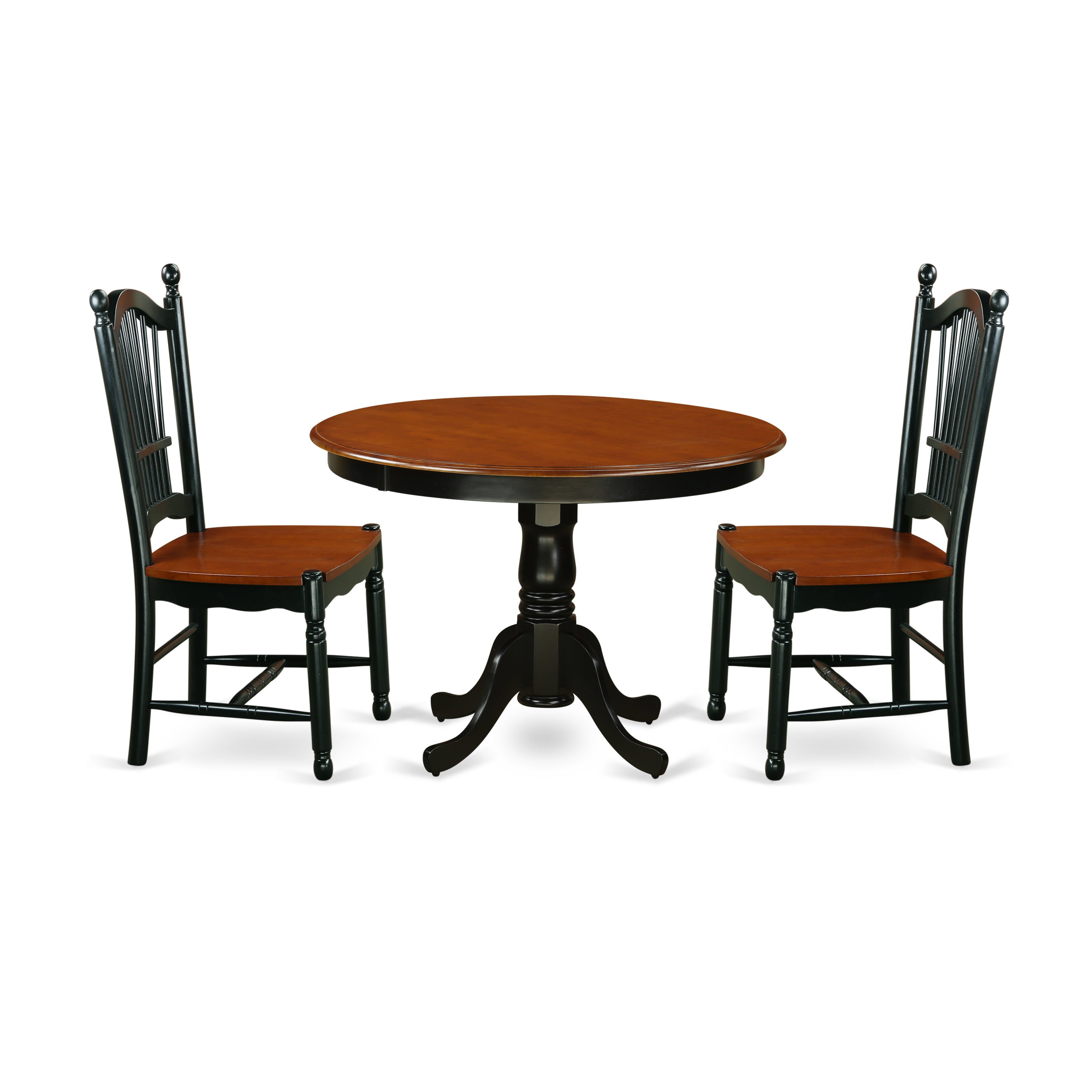 Juego de mesa de cocina de 3 piezas East West Furniture HLDO3-BCH-W para espacios pequeños. Contiene una mesa de comedor redonda con pedestal y 2 sillas con asiento de madera maciza.