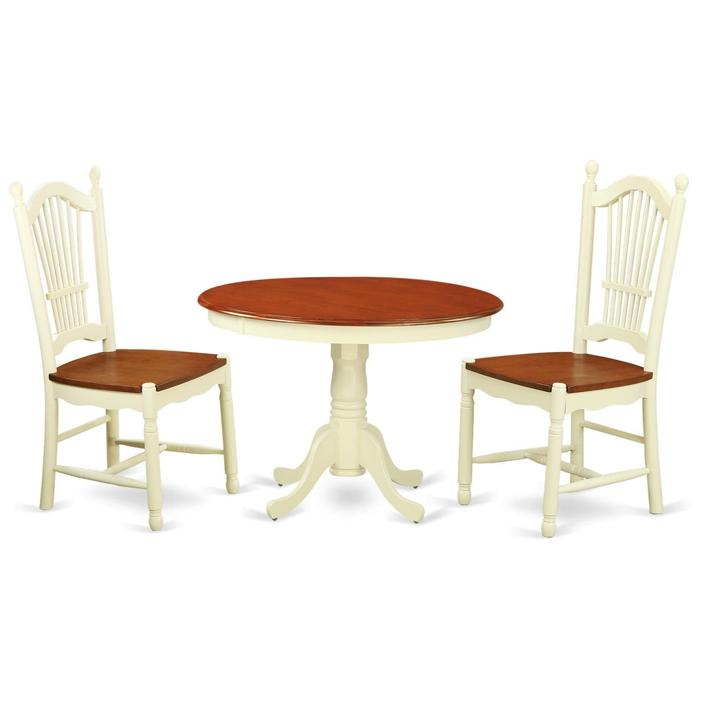 East West Furniture HLDO3-BMK-W 3 Piece Dining Set Contains a Round Dining Room Table with Pedestal and 2 Kitchen Chairs, 42x42 Inch, Buttermilk & Cherry