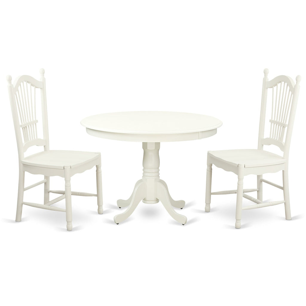 Juego de mesa de cocina de 3 piezas East West Furniture HLDO3-LWH-W para espacios pequeños. Contiene una mesa de comedor redonda con pedestal y 2 sillas de comedor.