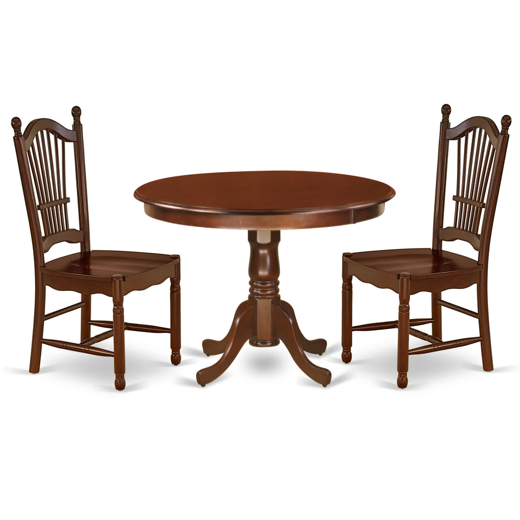 Juego de mesa y sillas de cocina de 3 piezas HLDO3-MAH-W de East West Furniture. Incluye una mesa de comedor redonda con pedestal y 2 sillas de comedor.