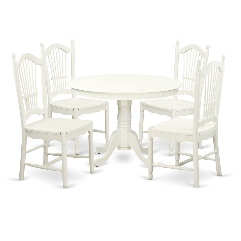 East West Furniture HLDO5-LWH-W 5 Piece Dining Table Set for 4 Includes a Round Kitchen Table with Pedestal and 4 Dining Room Chairs, 42x42 Inch, Linen White