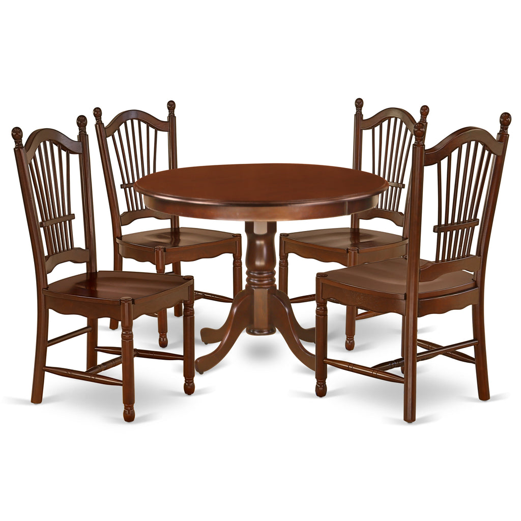 East West Furniture HLDO5-MAH-W 5 Piece Kitchen Table & Chairs Set Includes a Round Dining Table with Pedestal and 4 Dining Room Chairs