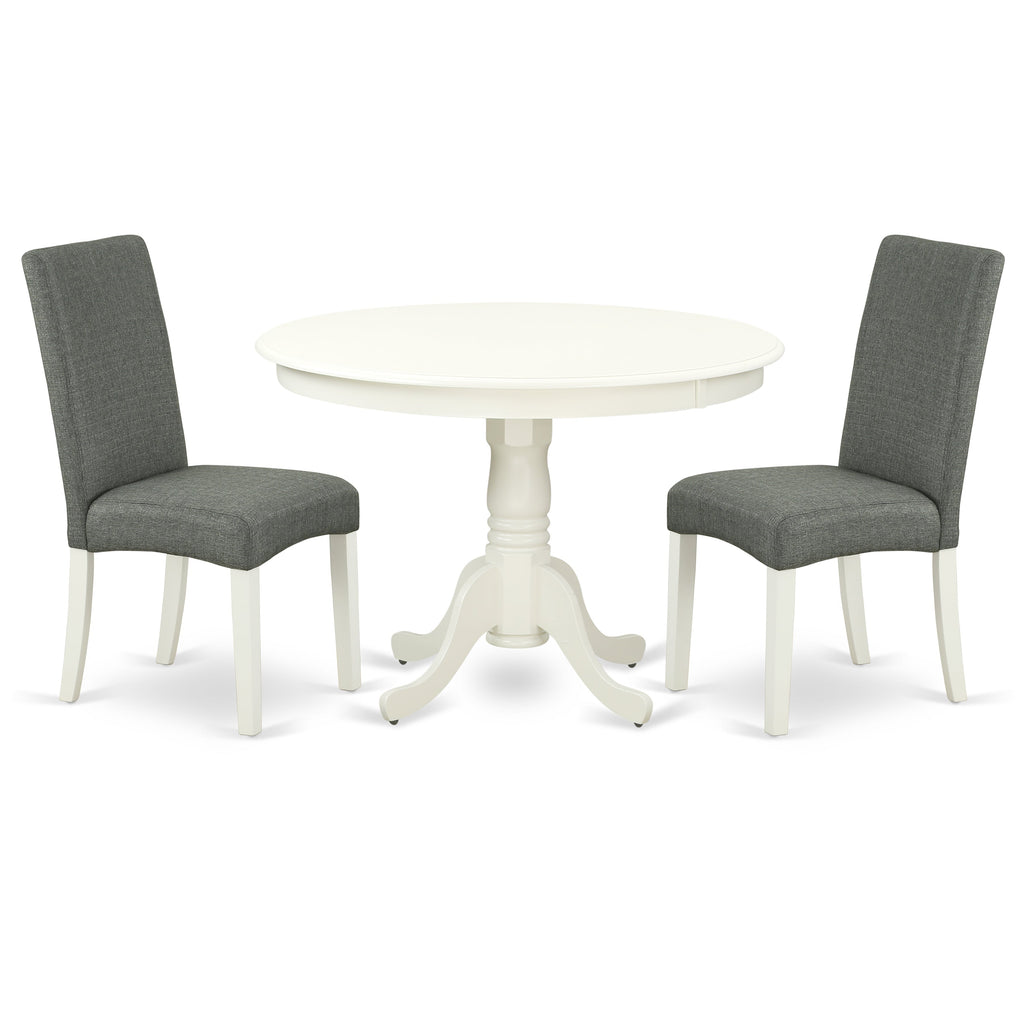Juego de mesa de comedor moderna de 3 piezas East West Furniture HLDR3-LWH-07. Incluye una mesa redonda de madera con pedestal y dos sillas de comedor Parsons de tela de lino gris.