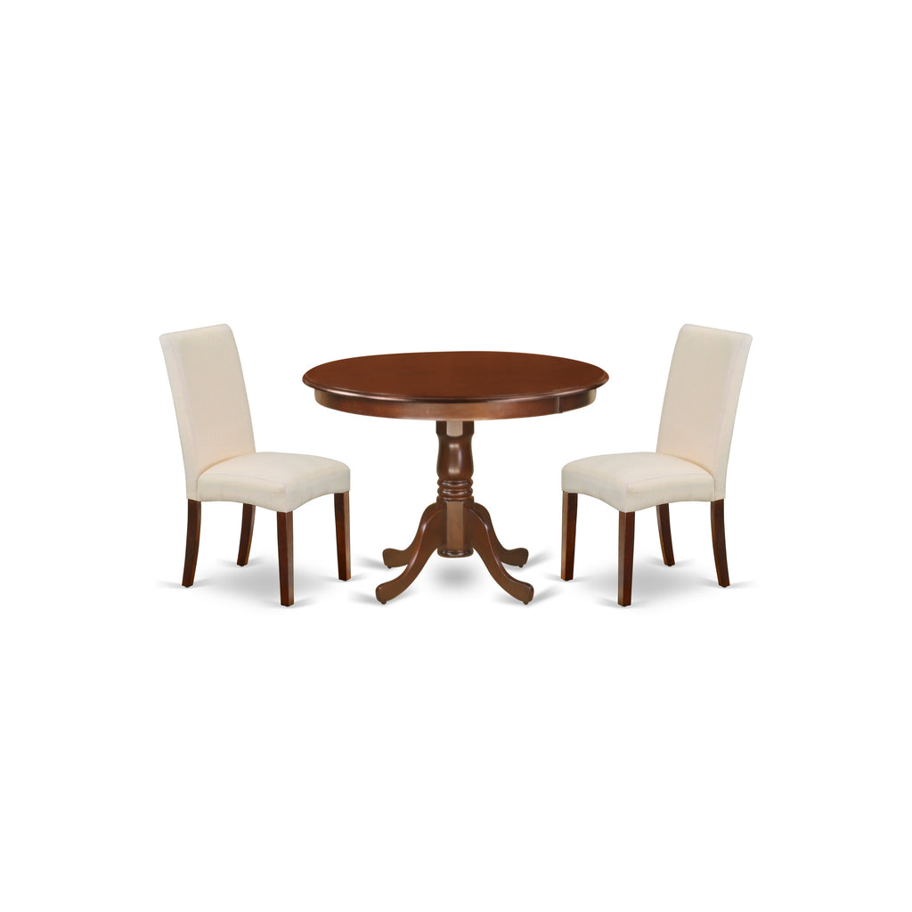 East West Furniture HLDR3-MAH-01 3 Piece Modern Dining Table Set Contains a Round Wooden Table with Pedestal and 2 Cream Linen Fabric Parson Dining Chairs, 42x42 Inch, Mahogany