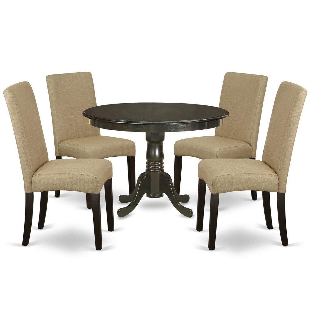 East West Furniture HLDR5-CAP-03 5 Piece Dining Set Includes a Round Dining Room Table with Pedestal and 4 Brown Linen Fabric Upholstered Parson Chairs, 42x42 Inch, Cappuccino