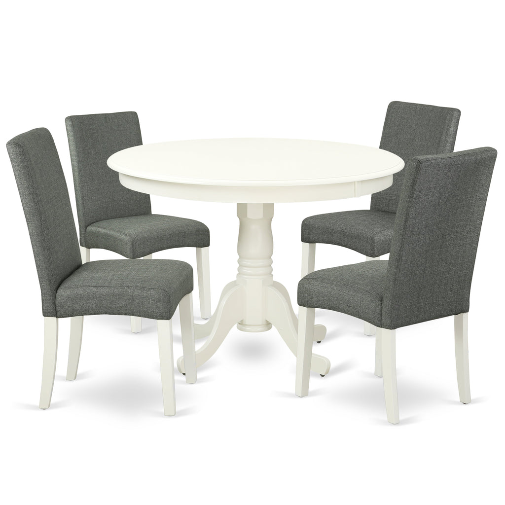 East West Furniture HLDR5-LWH-07 5 Piece Dinette Set for 4 Includes a Round Dining Room Table with Pedestal and 4 Gray Linen Fabric Parsons Dining Chairs