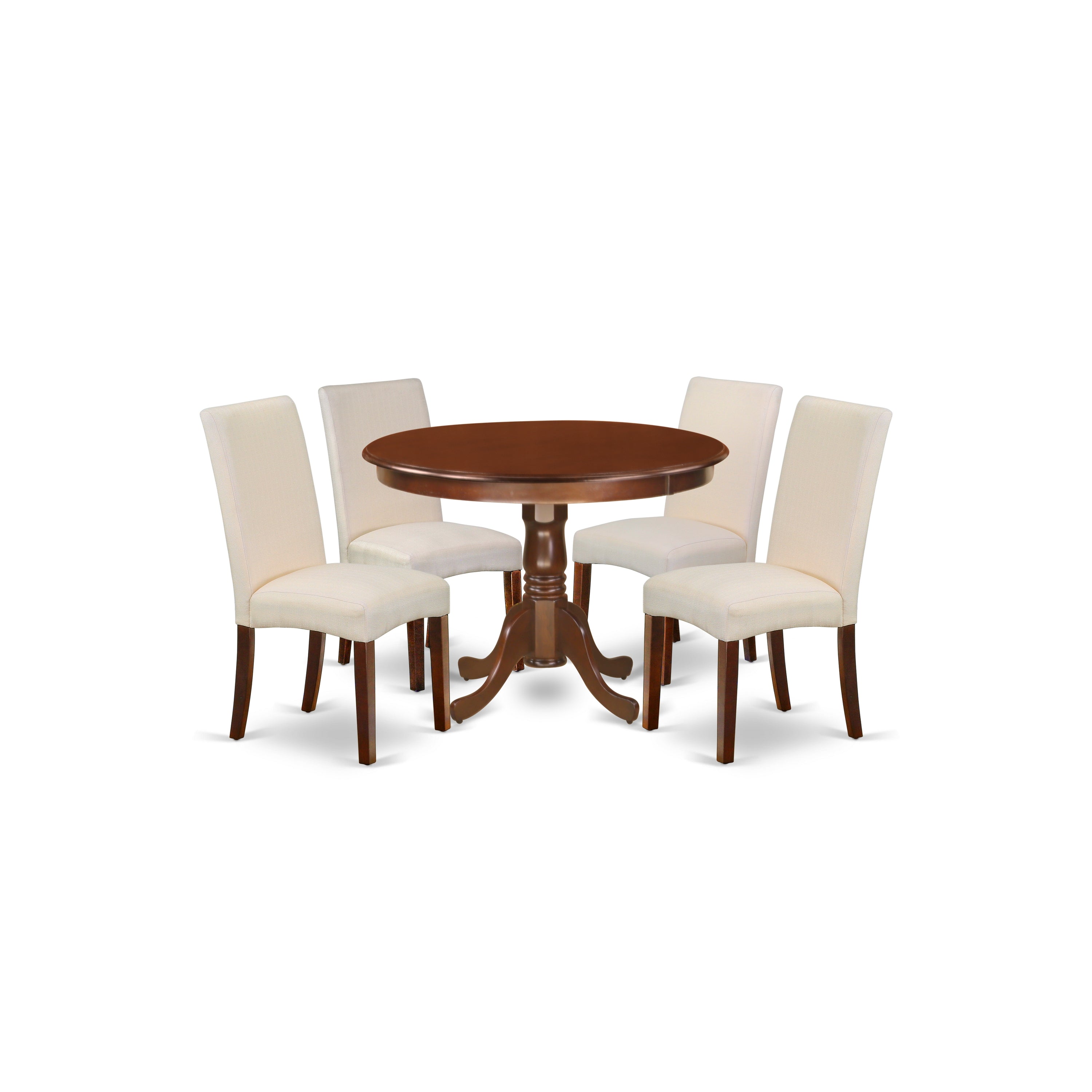 El juego de comedor de 5 piezas East West Furniture HLDR5-MAH-01 incluye una mesa de comedor redonda con pedestal y 4 sillas Parson tapizadas en tela de lino color crema.