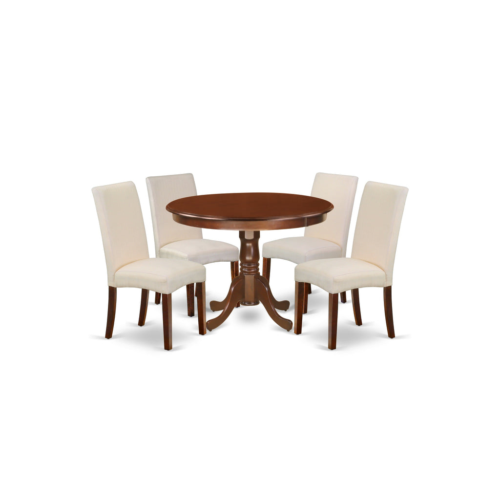 East West Furniture HLDR5-MAH-01 5 Piece Dining Set Includes a Round Dining Room Table with Pedestal and 4 Cream Linen Fabric Upholstered Parson Chairs