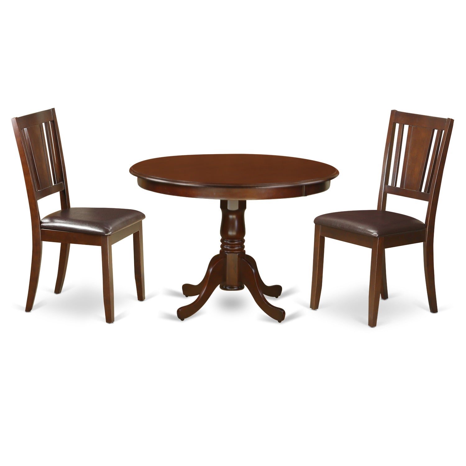 Juego de mesa de comedor de 3 piezas East West Furniture HLDU3-MAH-LC para espacios pequeños. Contiene una mesa de comedor redonda con pedestal y 2 sillas tapizadas en piel sintética.