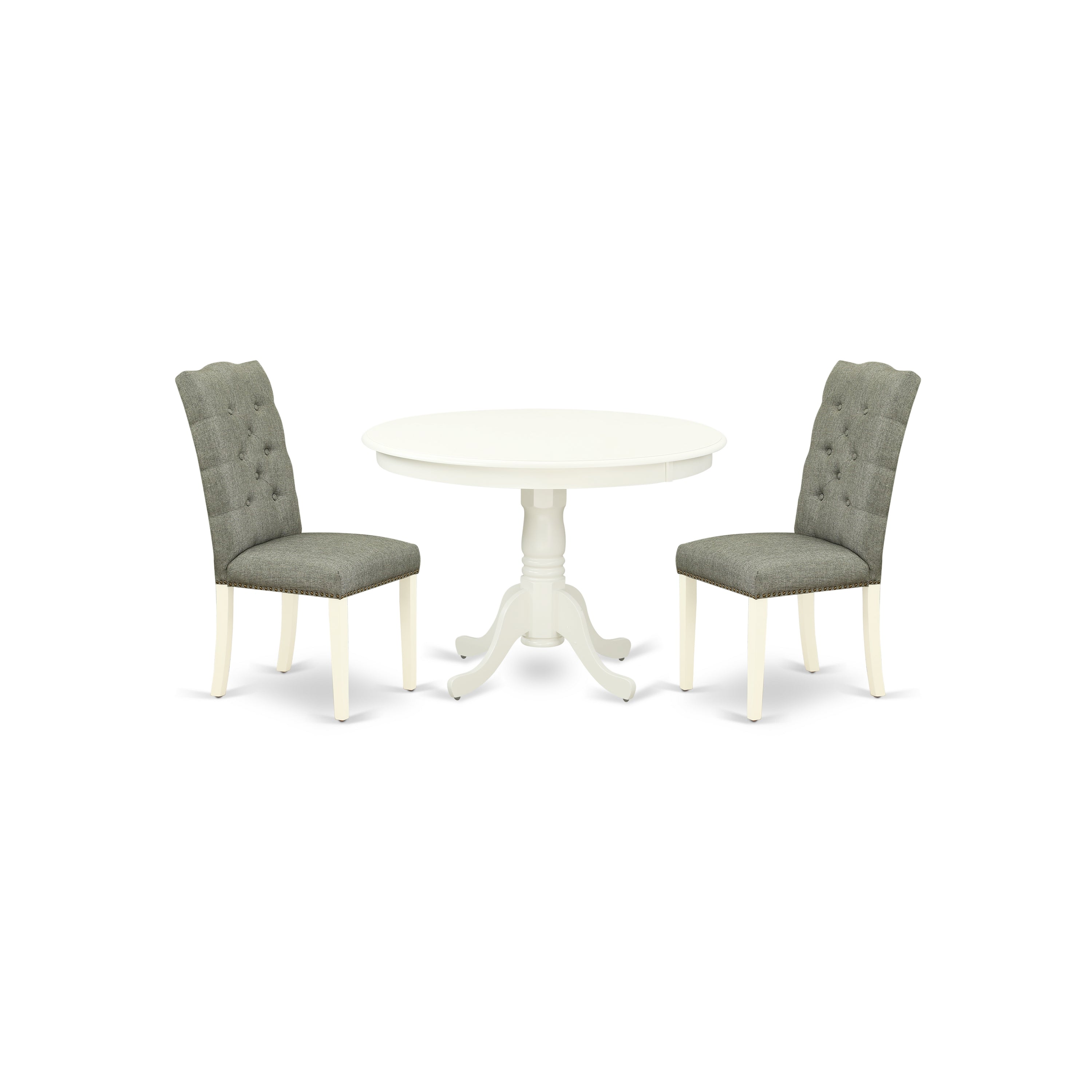 East West Furniture HLEL3-LWH-07 3-Pc Table and Chairs Dining Set Included a Round Dinette Table & 2 Parsons Dining Room Chairs, Smoke Linen Fabric Kitchen Chairs Seat with Rubber Wood Legs, Linen White Finish