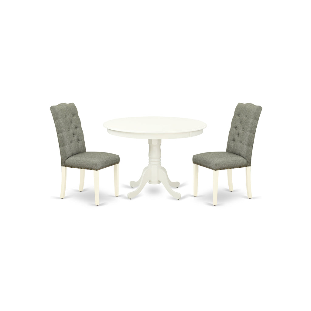 East West Furniture HLEL3-LWH-07 3 Piece Kitchen Table & Chairs Set Contains a Round Dining Room Table with Pedestal and 2 Gray Linen Fabric Parsons Dining Chairs