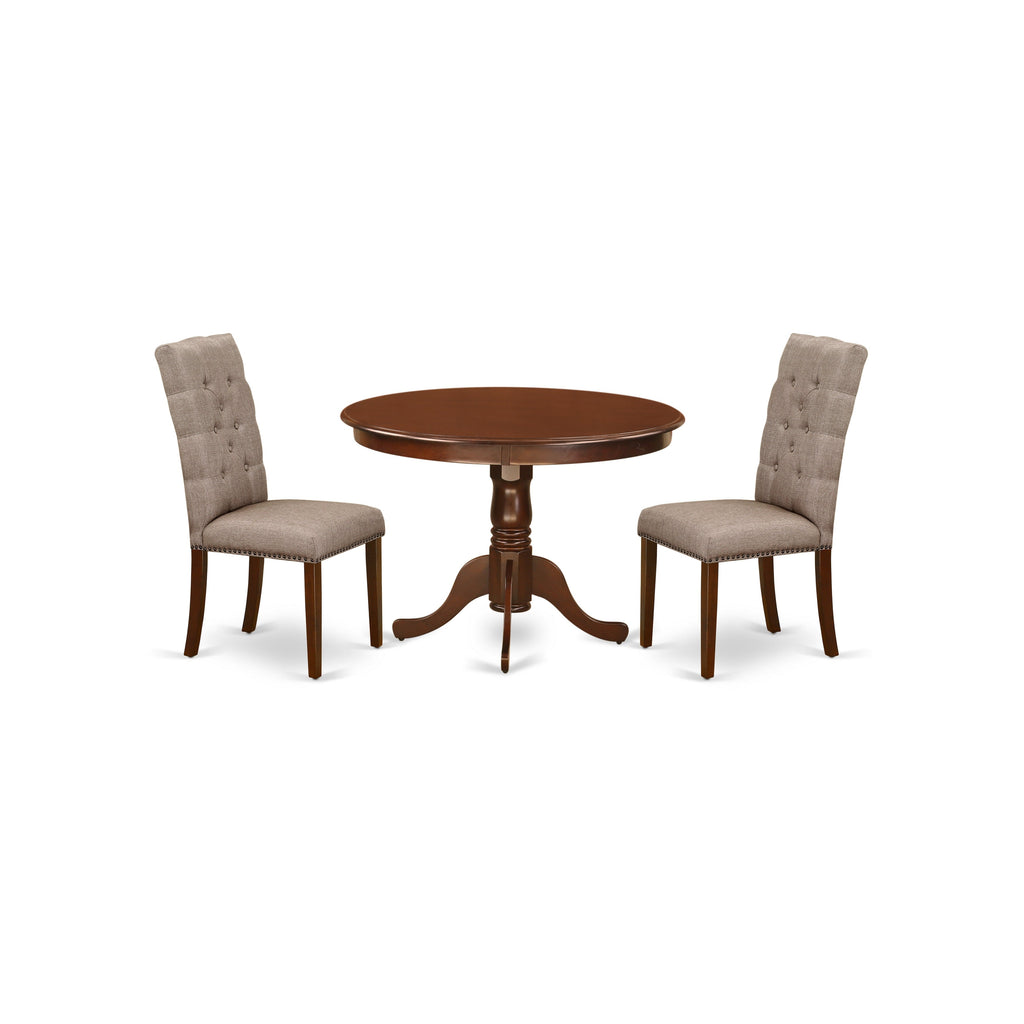 Juego de mesa de comedor de 3 piezas HLEL3-MAH-16 de East West Furniture. Contiene una mesa de comedor redonda con pedestal y 2 sillas de cocina tapizadas en tela de lino color caqui oscuro.