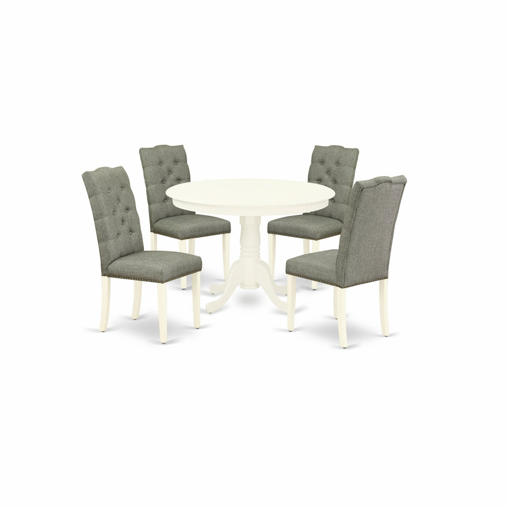 Juego de mesa de comedor moderna de 5 piezas East West Furniture HLEL5-LWH-07. Incluye una mesa redonda de madera con pedestal y 4 sillas Parson tapizadas en tela de lino gris.