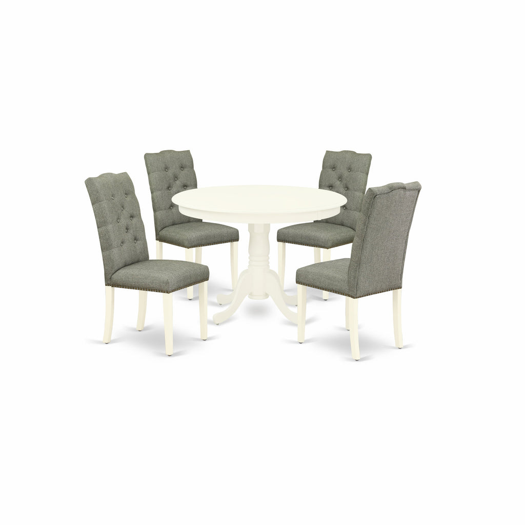 East West Furniture HLEL5-LWH-07 5 Piece Modern Dining Table Set Includes a Round Wooden Table with Pedestal and 4 Gray Linen Fabric Upholstered Parson Chairs, 42x42 Inch, Linen White