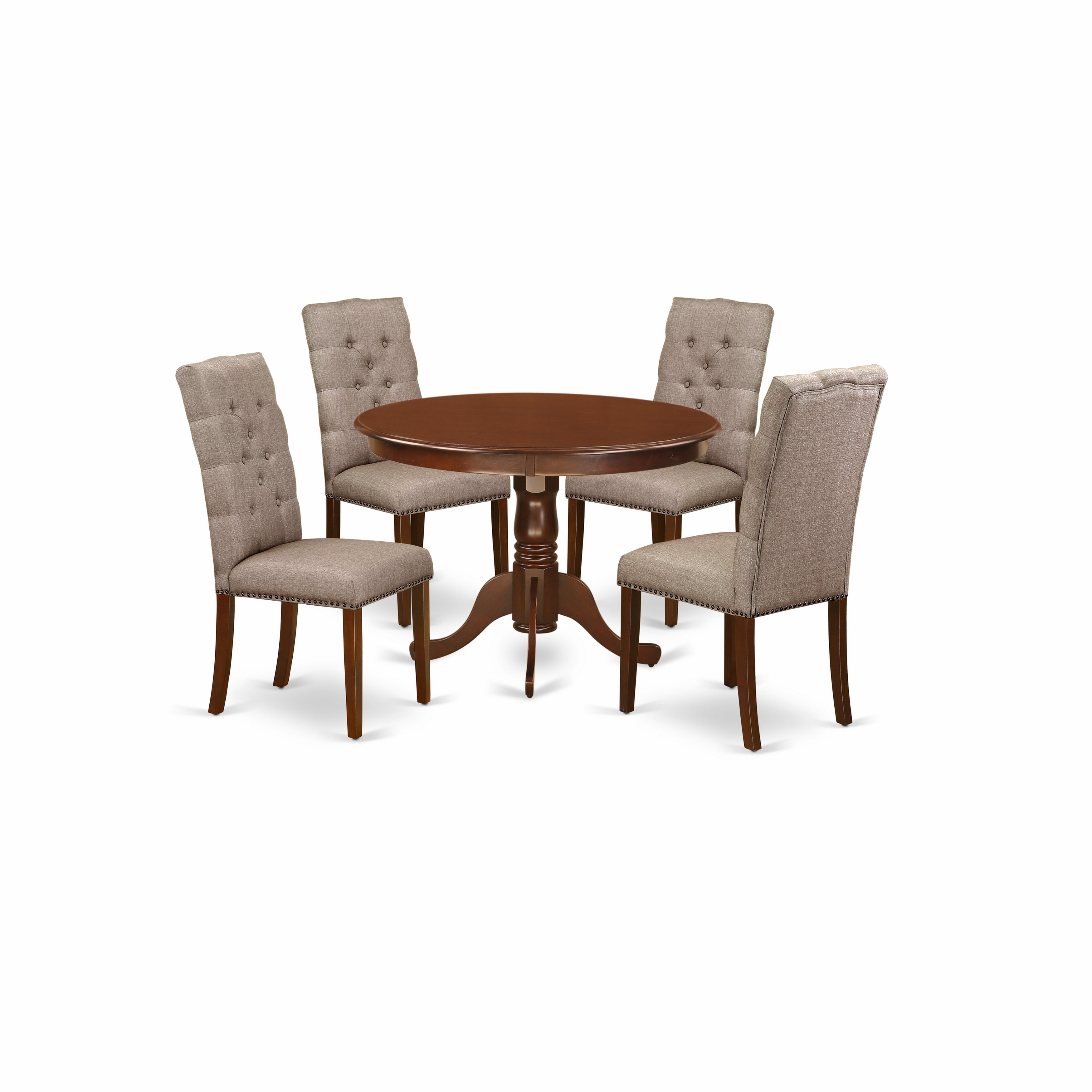 Juego de mesa de cocina de 5 piezas East West Furniture HLEL5-MAH-16 para 4 personas. Incluye una mesa de comedor redonda con pedestal y 4 sillas de comedor Parson de tela de lino color caqui oscuro.