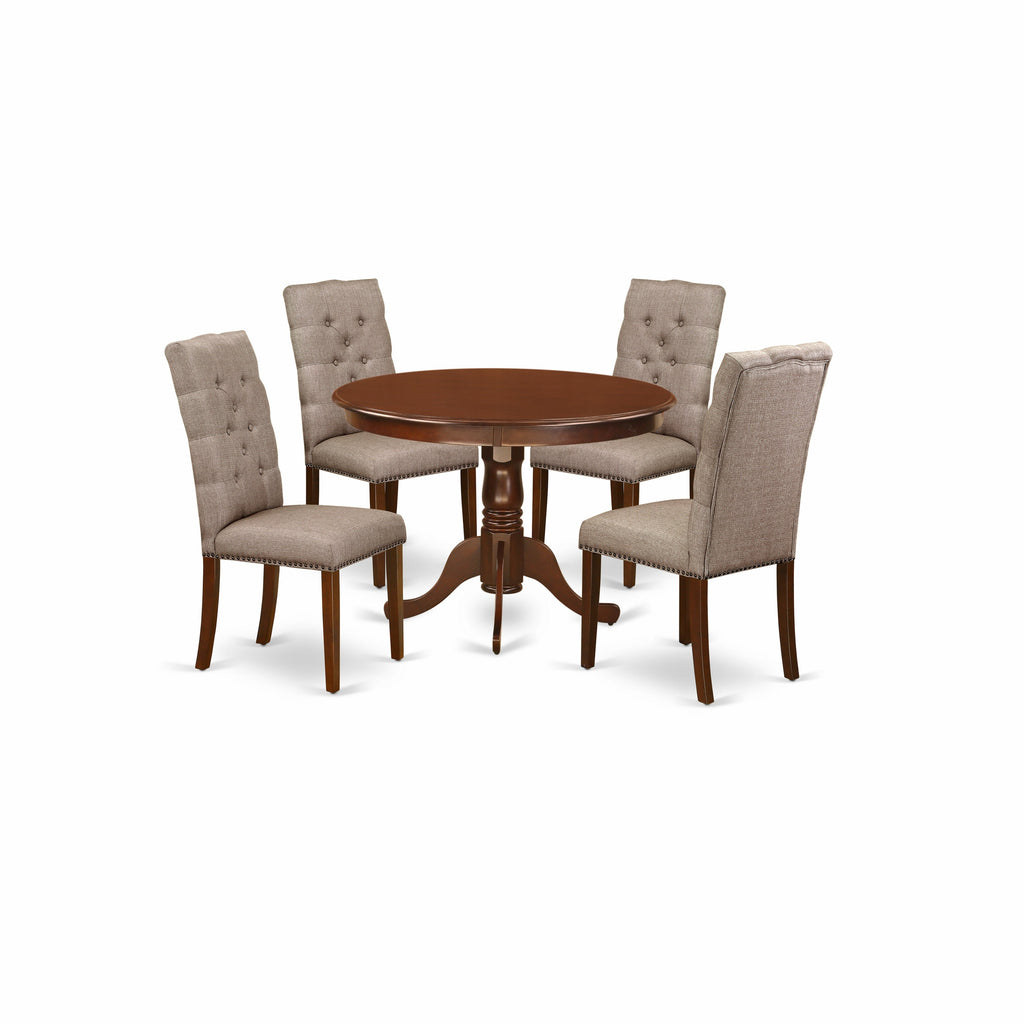 East West Furniture HLEL5-MAH-16 5 Piece Kitchen Table Set for 4 Includes a Round Dining Table with Pedestal and 4 Dark Khaki Linen Fabric Parson Dining Chairs