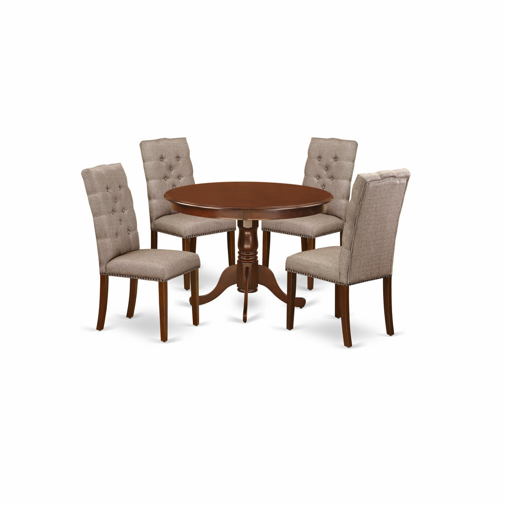 East West Furniture HLEL5-MAH-16 5 Piece Kitchen Table Set for 4 Includes a Round Dining Table with Pedestal and 4 Dark Khaki Linen Fabric Parson Dining Chairs, 42x42 Inch, Mahogany