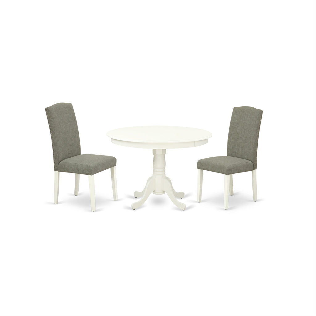 Juego de comedor de 3 piezas East West Furniture HLEN3-LWH-06 para espacios pequeños. Contiene una mesa de comedor redonda con pedestal y 2 sillas Parson de tela de lino shitake oscuro.