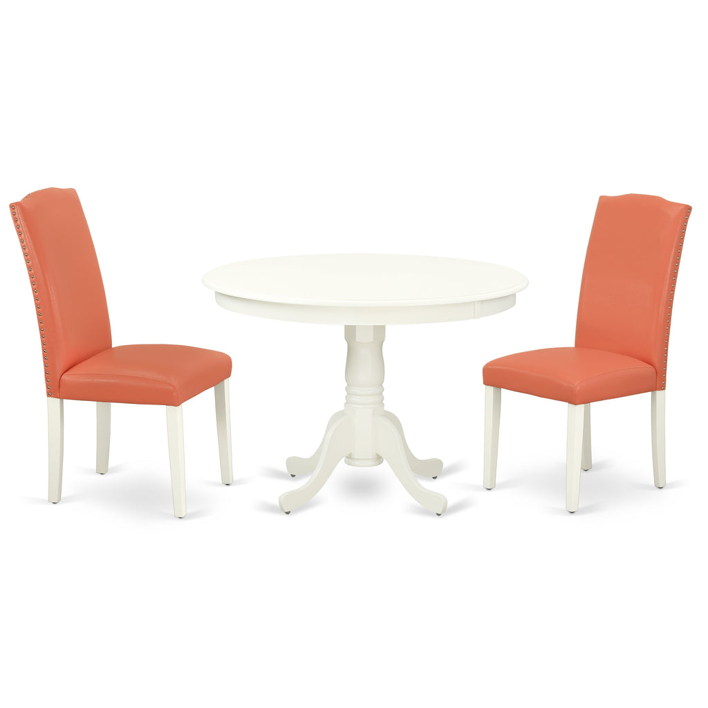 East West Furniture HLEN3-LWH-78 3 Piece Modern Dining Table Set Contains a Round Wooden Table with Pedestal and 2 Pink Flamingo Faux Leather Upholstered Chairs, 42x42 Inch, Linen White