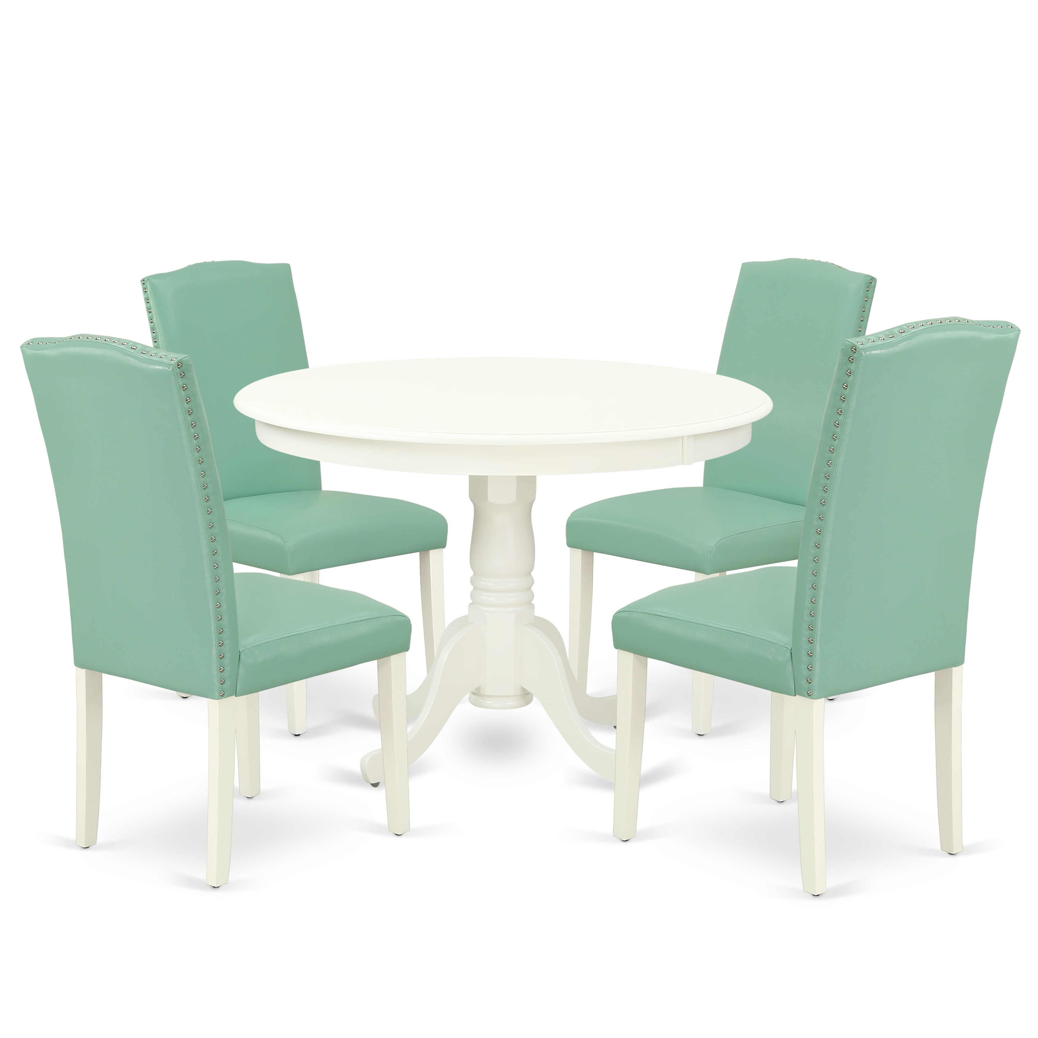 Juego de mesa de cocina de 5 piezas East West Furniture HLEN5-LWH-57 para 4 personas. Incluye una mesa de comedor redonda con pedestal y 4 sillas Parson tapizadas en piel sintética.