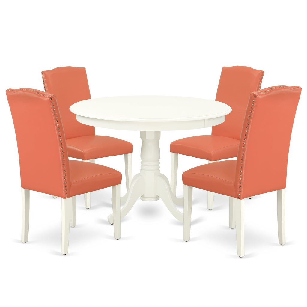 El juego de mesa de comedor de 5 piezas East West Furniture HLEN5-LWH-78 incluye una mesa redonda de madera con pedestal y 4 sillas de comedor Parson de cuero sintético con diseño de flamenco rosa.