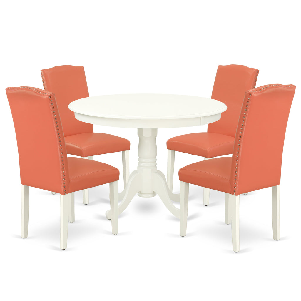 East West Furniture HLEN5-LWH-78 5 Piece Dining Table Set Includes a Round Wooden Table with Pedestal and 4 Pink Flamingo Faux Leather Parson Dining Room Chairs, 42x42 Inch, Linen White