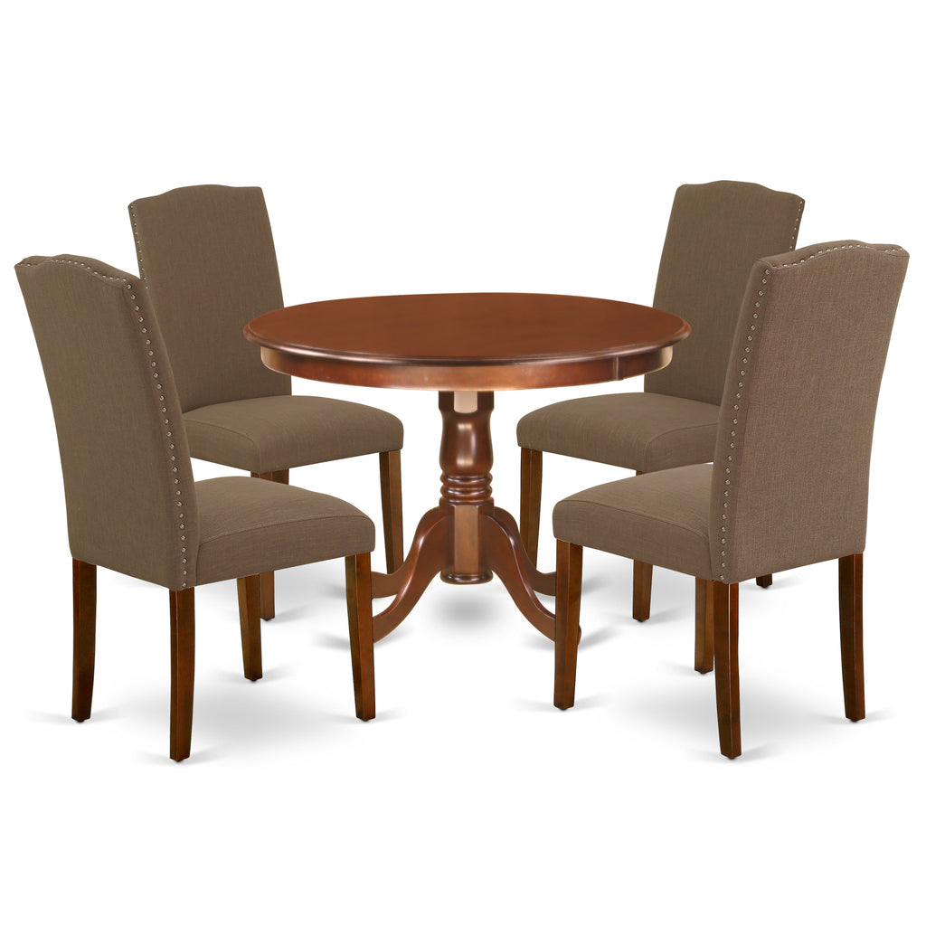 Juego de mesa de comedor de 5 piezas East West Furniture HLEN5-MAH-18 para 4 personas. Incluye una mesa de cocina redonda con pedestal y 4 sillas tapizadas en tela de lino color café oscuro.