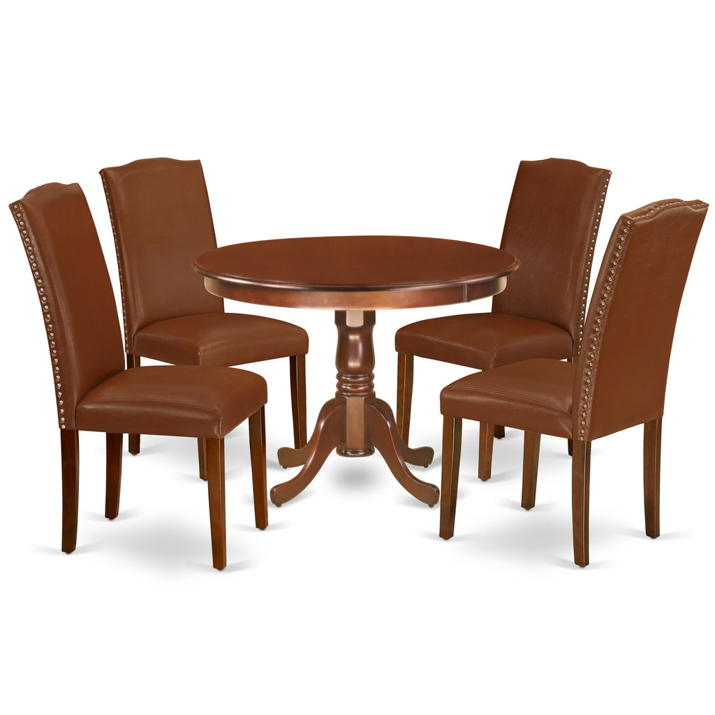 Juego de mesa de cocina de 5 piezas East West Furniture HLEN5-MAH-66 para 4 personas. Incluye una mesa de comedor redonda con pedestal y 4 sillas de comedor Parson de piel sintética marrón.