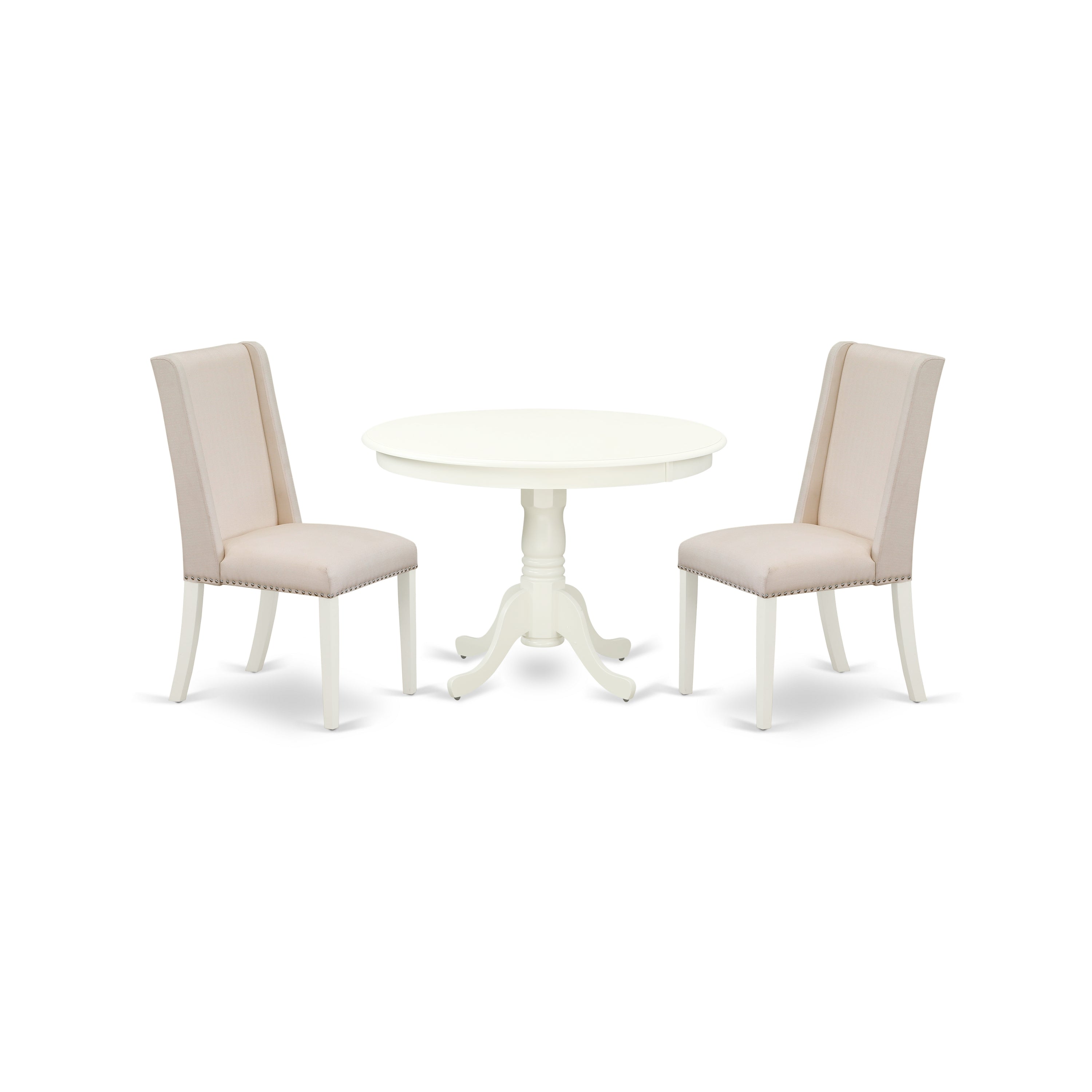 Juego de mesa de comedor de 3 piezas East West Furniture HLFL3-LWH-01. Incluye una mesa de cocina redonda con pedestal y dos sillas de comedor Parson de tela de lino color crema.