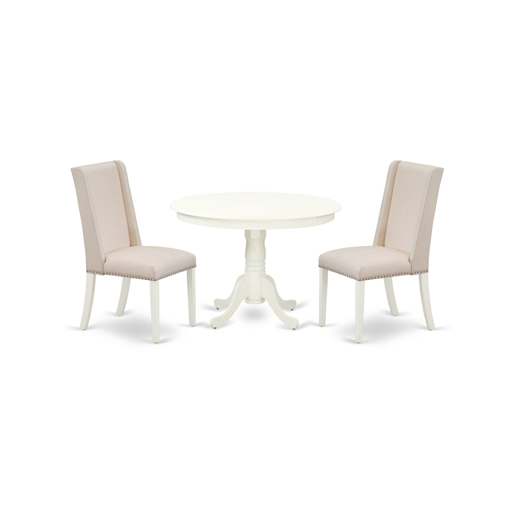 East West Furniture HLFL3-LWH-01 3 Piece Dining Room Table Set  Contains a Round Kitchen Table with Pedestal and 2 Cream Linen Fabric Parson Dining Chairs, 42x42 Inch, Linen White
