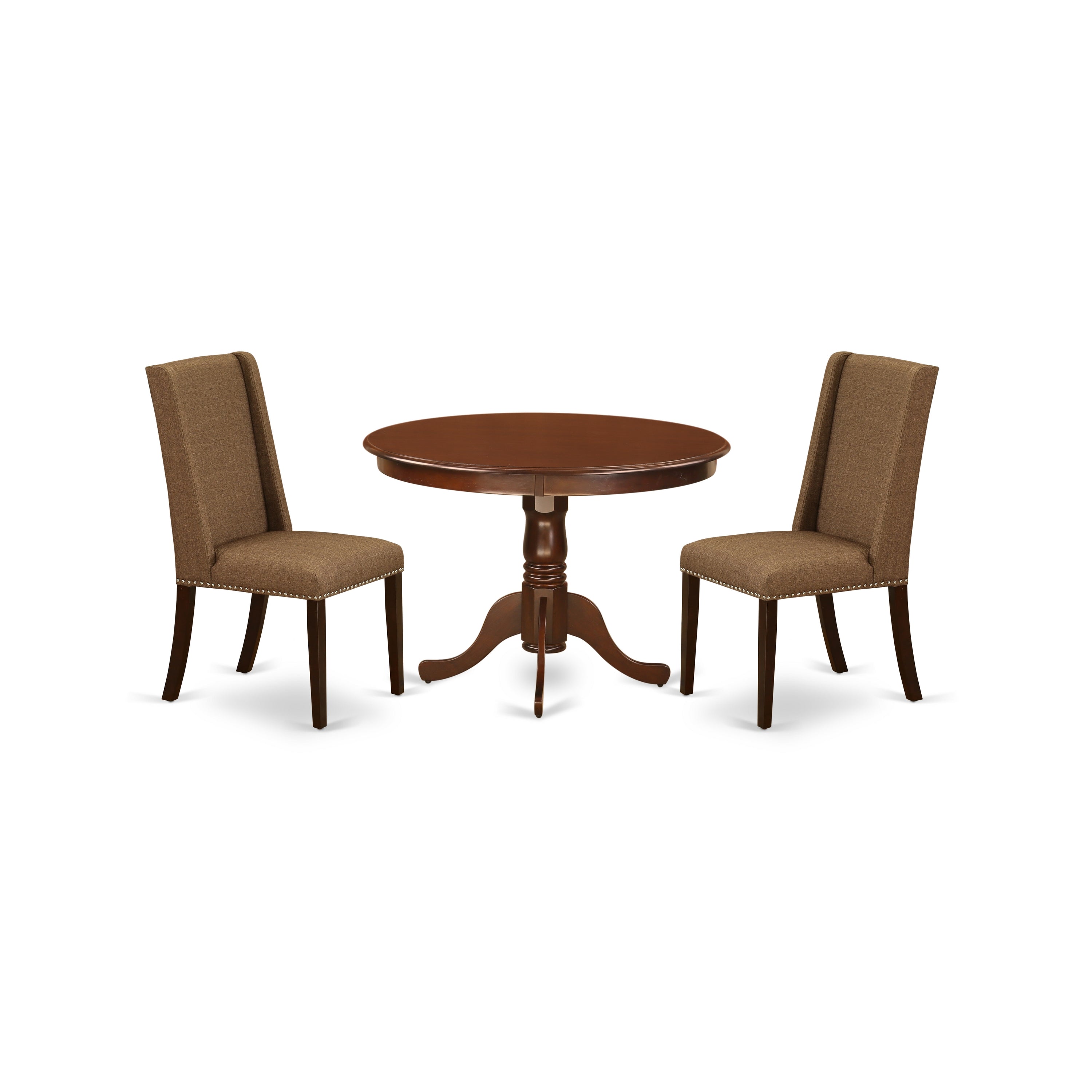 Juego de comedor de 3 piezas East West Furniture HLFL3-MAH-18. Incluye una mesa de comedor redonda con pedestal y dos sillas Parsons de tela de lino marrón.