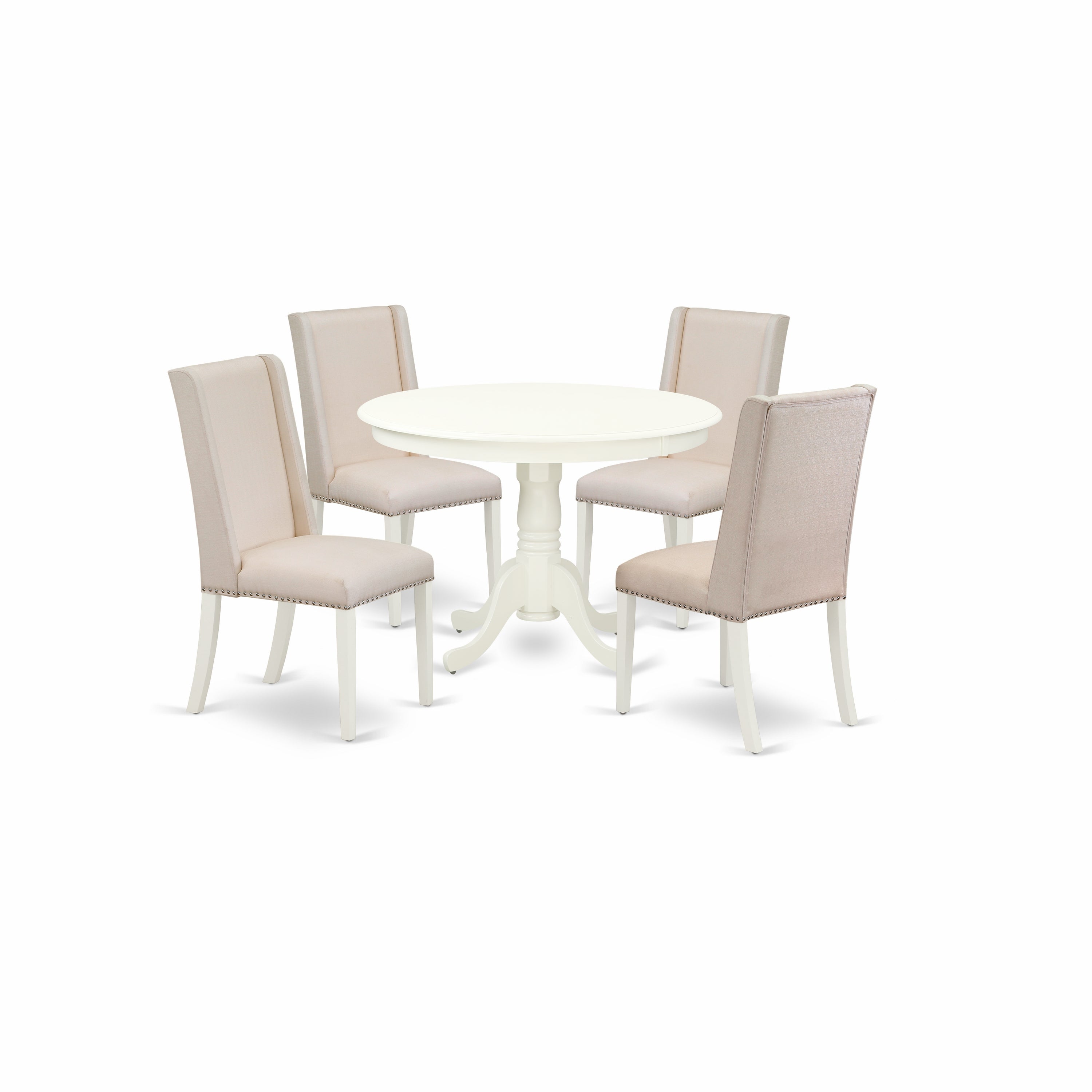Juego de mesa y sillas de cocina de 5 piezas HLFL5-LWH-01 de East West Furniture. Incluye una mesa de comedor redonda con pedestal y 4 sillas de comedor Parsons de tela de lino color crema.