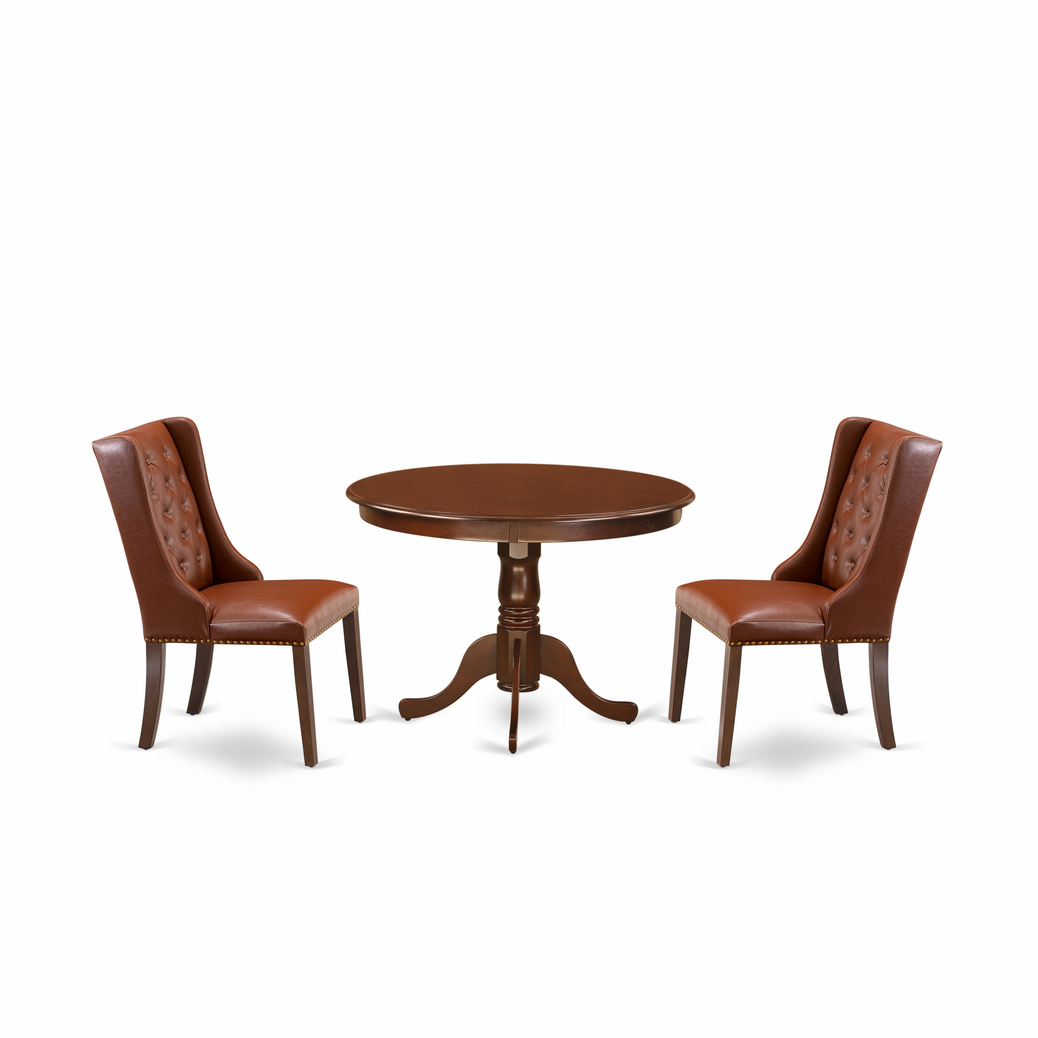 Juego de comedor de 3 piezas East West Furniture HLFO3-MAH-46. Incluye una mesa de comedor redonda con pedestal y dos sillas tapizadas en piel sintética marrón.