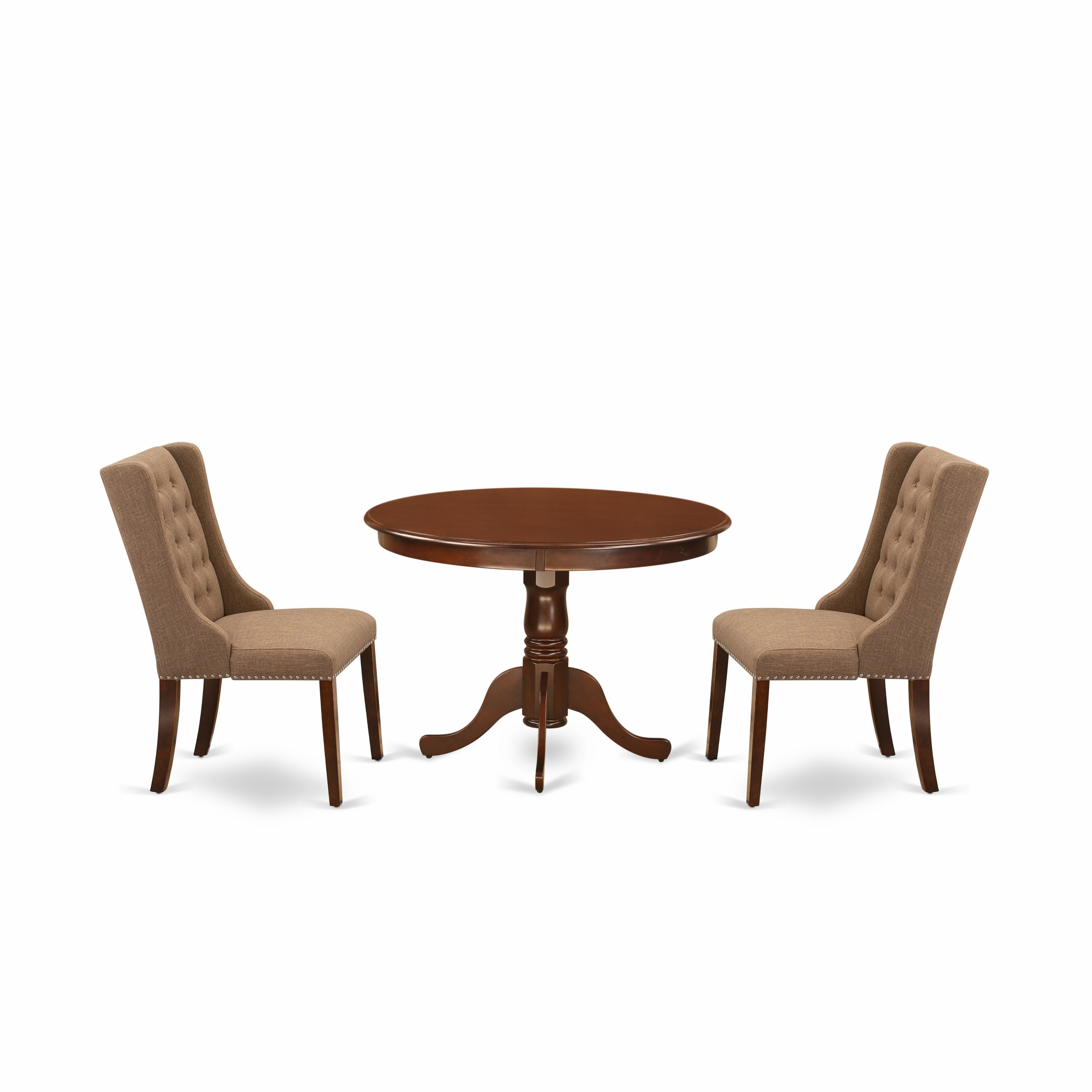 Juego de comedor de 3 piezas East West Furniture HLFO3-MAH-47. Incluye una mesa de comedor redonda con pedestal y dos sillas Parsons de tela de lino color sable claro.