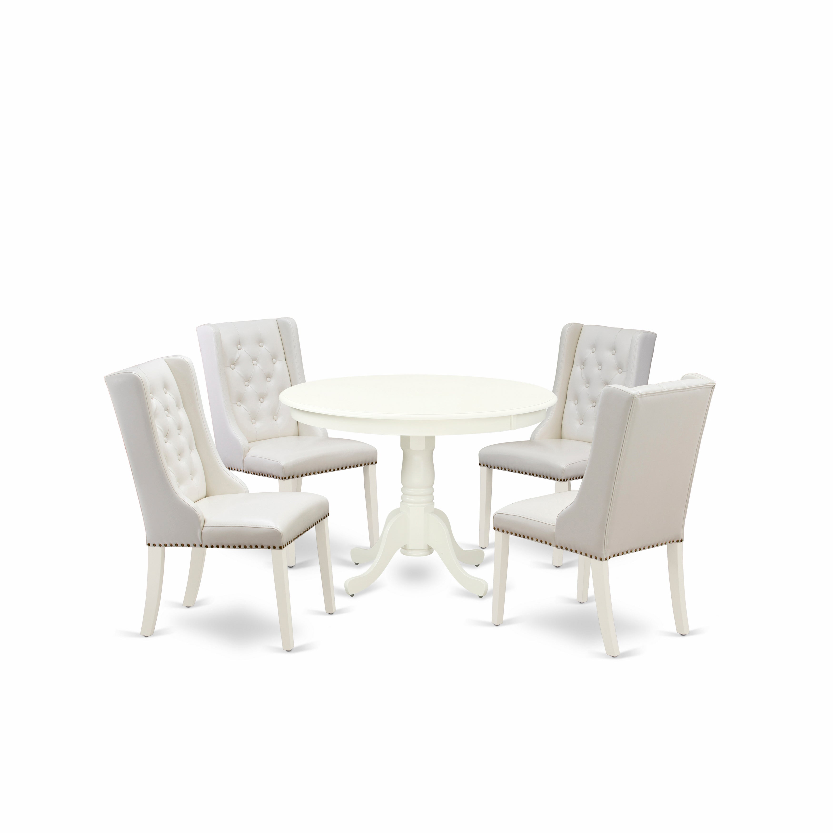 East West Furniture HLFO5-LWH-44 5-Piece Dinette Room Set Includes 1 Pedestal Dining Room Table and 4 Linen white PU faux Leather Kitchen Chairs with Button Tufted Back - linen white Finish