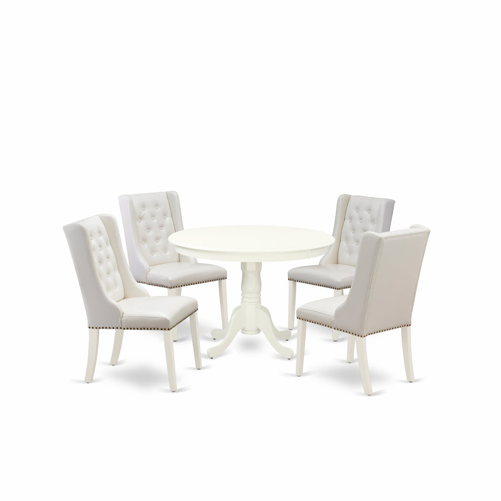East West Furniture HLFO5-LWH-44 5 Piece Dining Table Set for 4 Includes a Round Kitchen Table with Pedestal and 4 Light grey Faux Leather Parson Dining Chairs, 42x42 Inch, Linen White