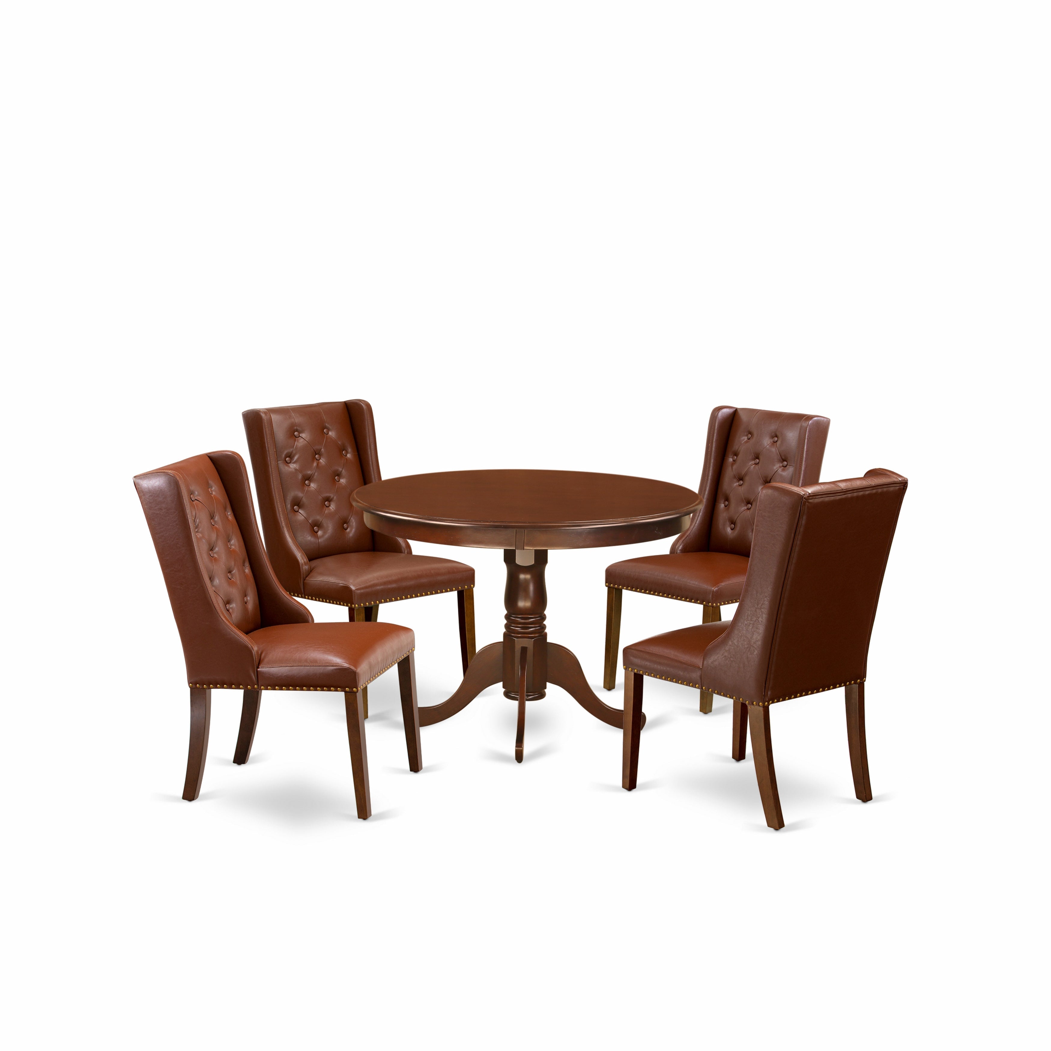 Juego de mesa de cocina de 5 piezas para 4 personas East West Furniture HLFO5-MAH-46. Incluye una mesa de comedor redonda con pedestal y 4 sillas de comedor Parson de piel sintética marrón.