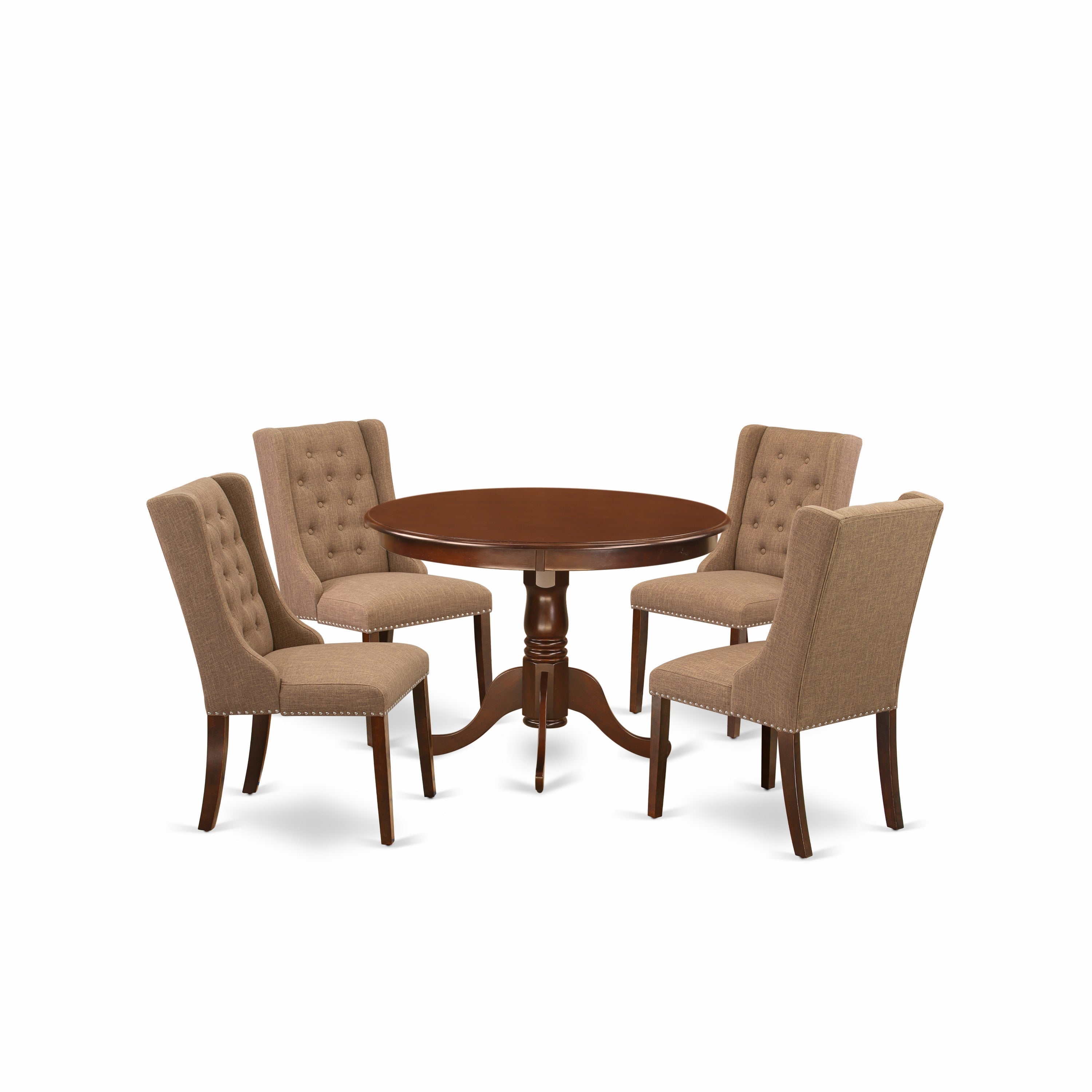Juego de mesa y sillas de cocina de 5 piezas HLFO5-MAH-47 de East West Furniture. Incluye una mesa de comedor redonda con pedestal y 4 sillas Parsons de tela de lino color sable claro.