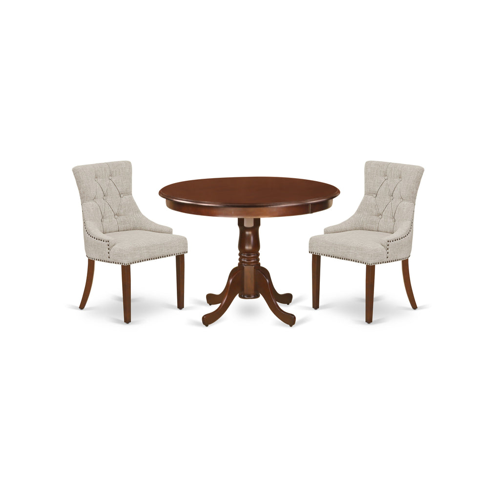 East West Furniture HLFR3-MAH-05 3 Piece Dinette Set for Small Spaces Contains a Round Dining Table with Pedestal and 2 Doeskin Linen Fabric Upholstered Chairs