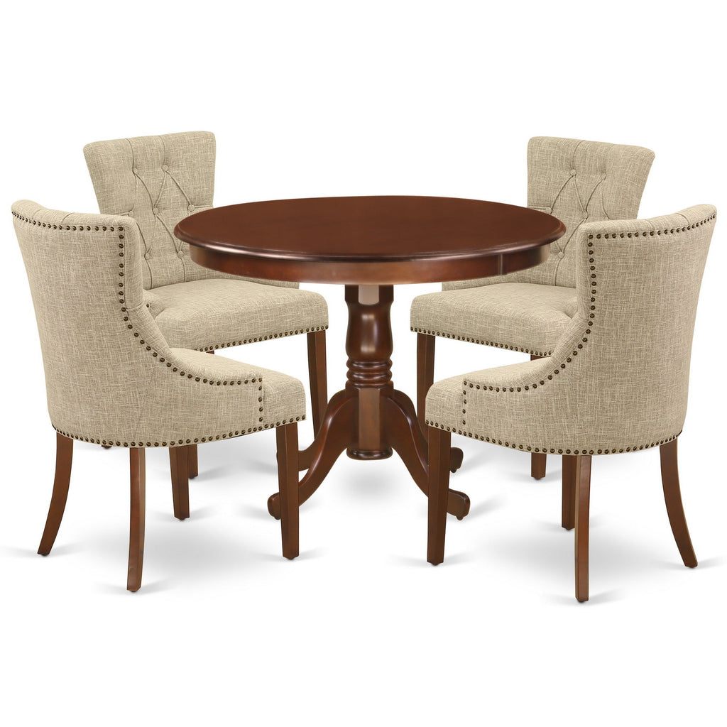 East West Furniture HLFR5-MAH-05 5 Piece Kitchen Table Set for 4 Includes a Round Dining Room Table with Pedestal and 4 Doeskin Linen Fabric Upholstered Chairs, 42x42 Inch, Mahogany