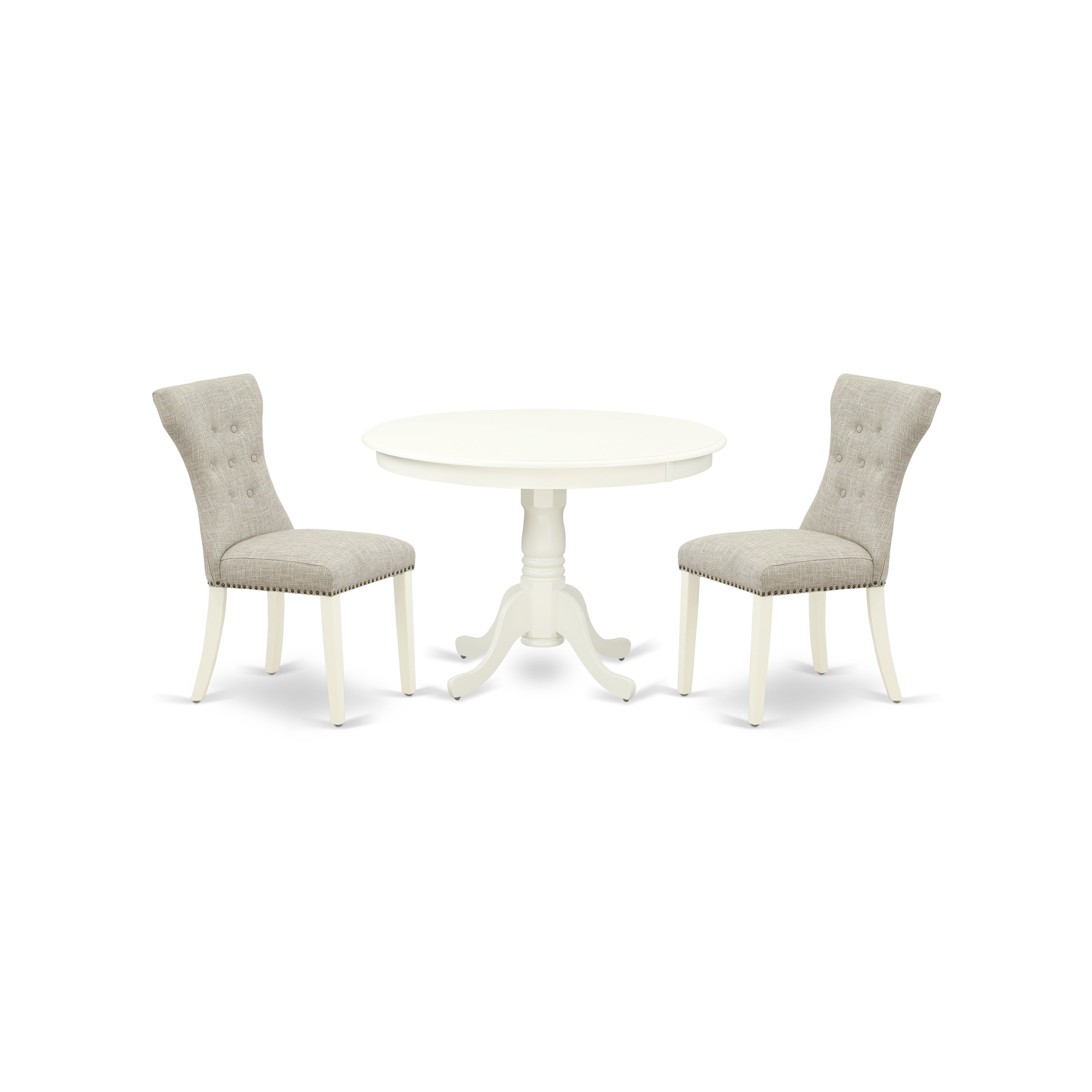 East West Furniture HLGA3-LWH-35 3-Pc Kitchen Dinette Set Included a Pedestal Dining Table & 2 Parsons Dining Room Chairs, Doeskin Linen Fabric Dining Chairs Seat with Rubber Wood Legs, Linen White Finish