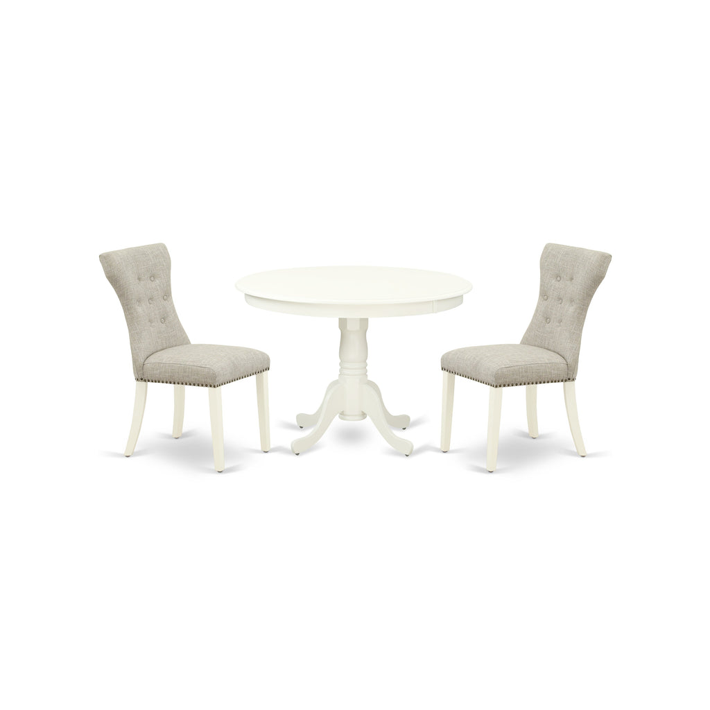 East West Furniture HLGA3-LWH-35 3 Piece Dining Room Table Set  Contains a Round Kitchen Table with Pedestal and 2 Doeskin Linen Fabric Parsons Dining Chairs